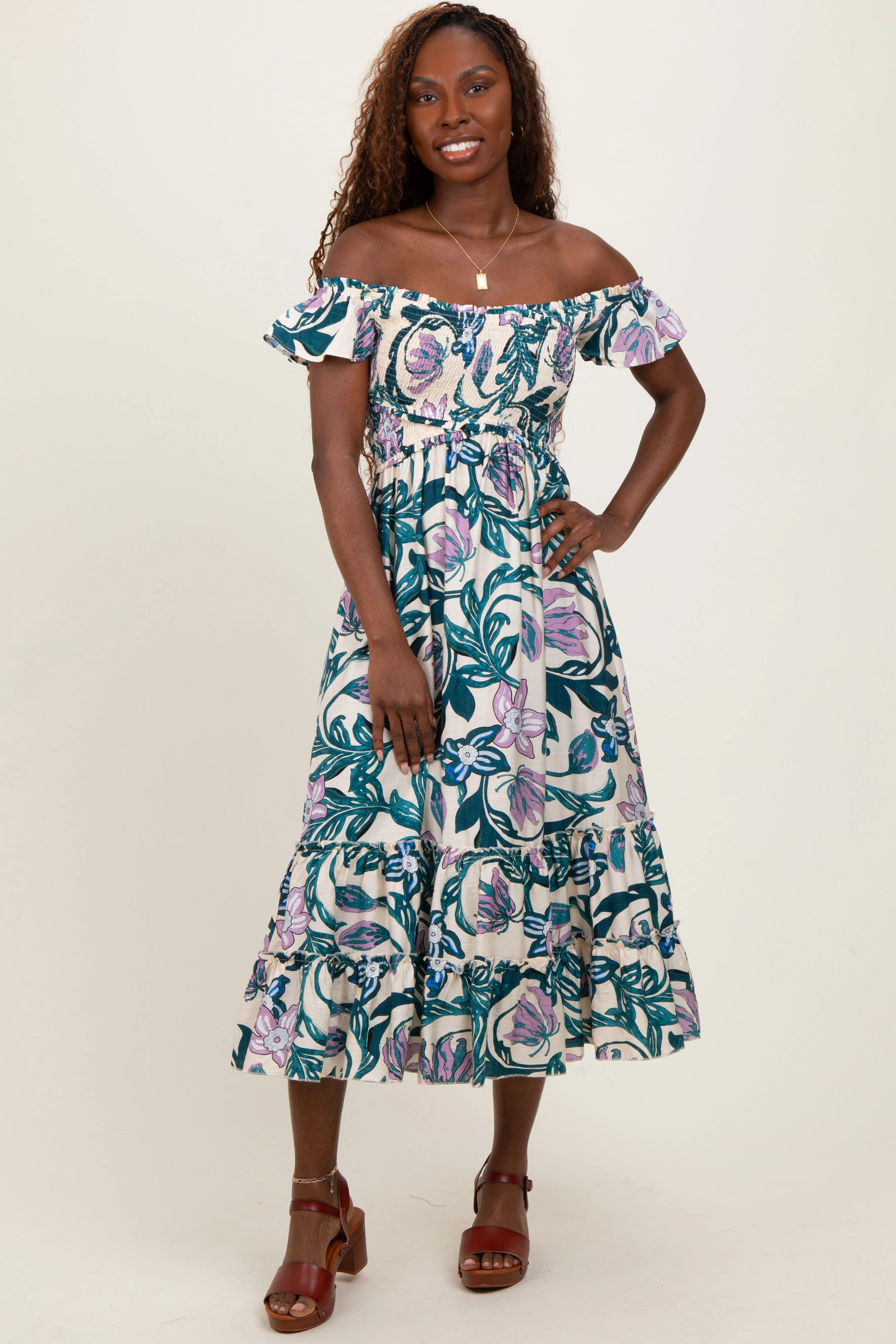 Teal Multi Smocked Top Woven Maternity Midi Dress sold by Pinkblush product image thumbnail 4