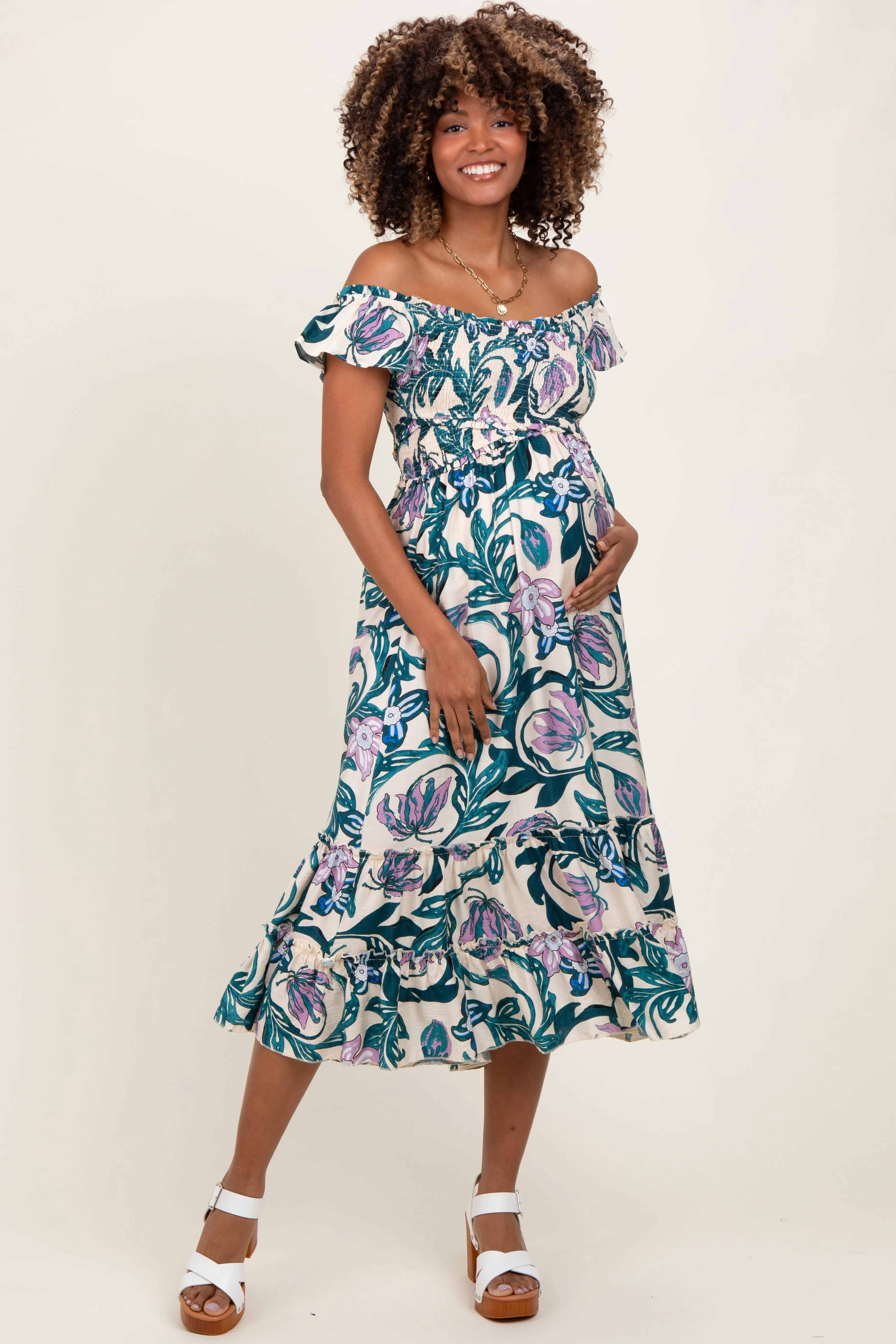 Teal Multi Smocked Top Woven Maternity Midi Dress sold by Pinkblush