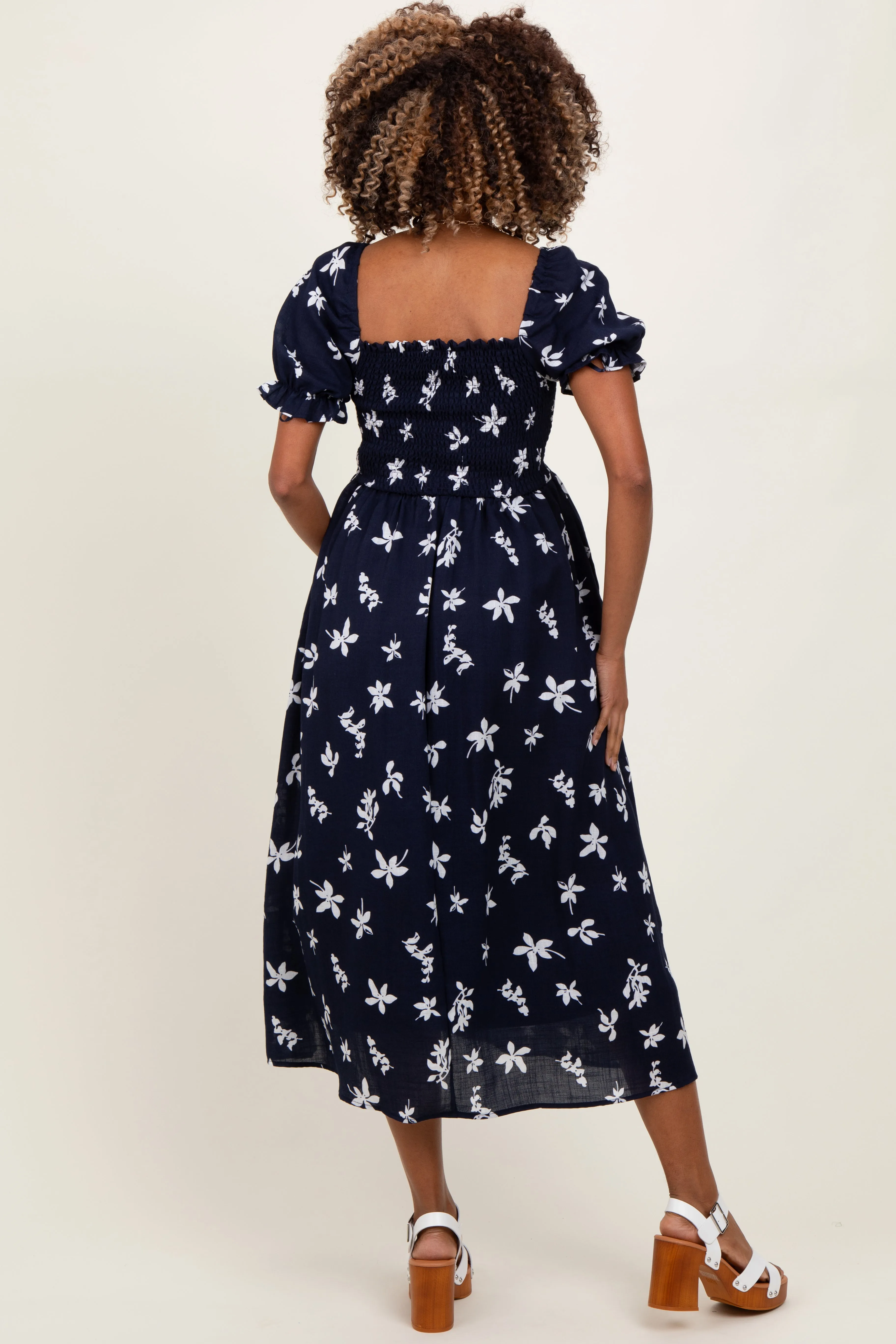 Navy Floral Puff Sleeve Maternity Midi Dress sold by Pinkblush product image thumbnail 2