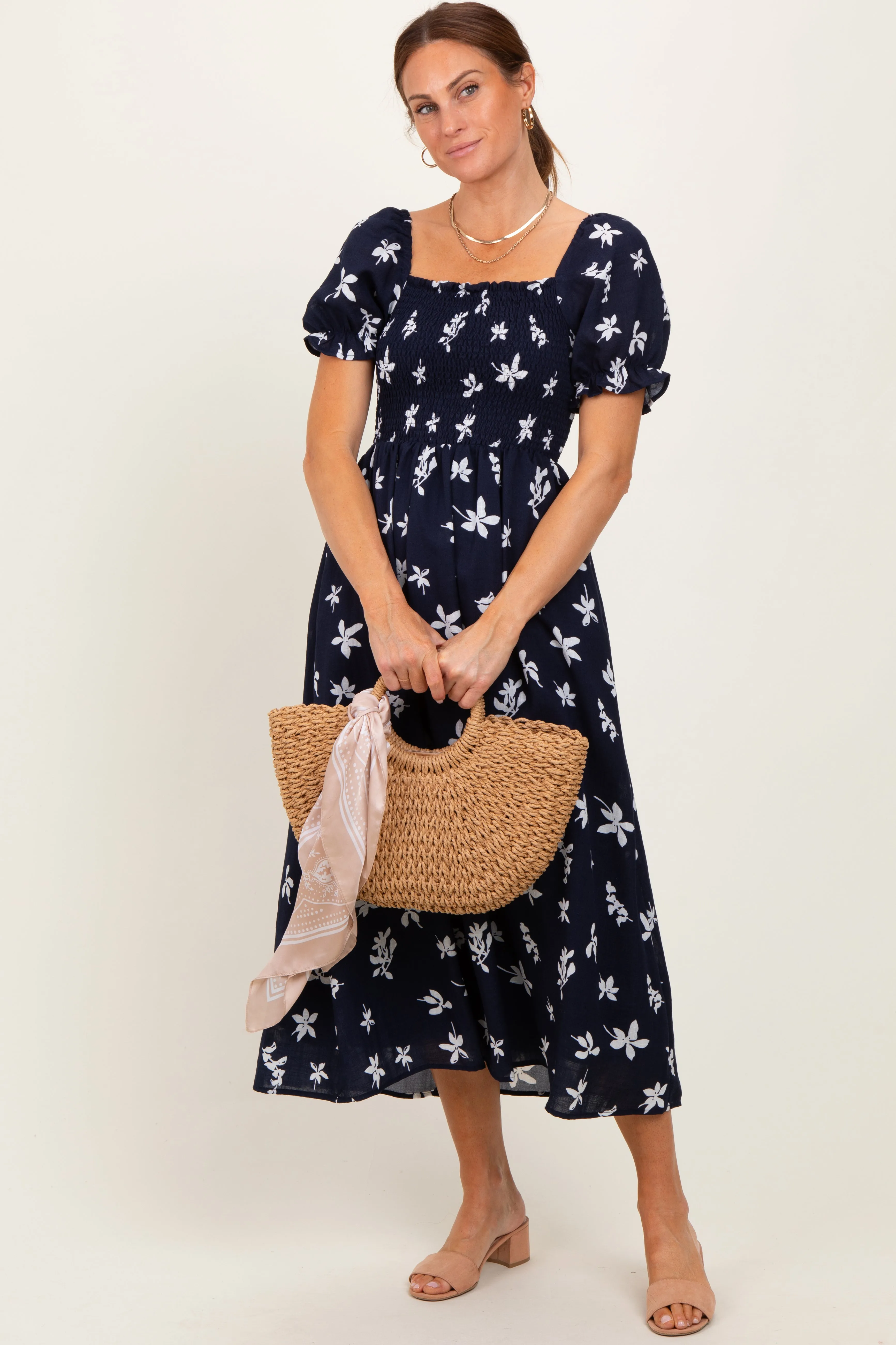 Navy Floral Puff Sleeve Maternity Midi Dress sold by Pinkblush product image thumbnail 3