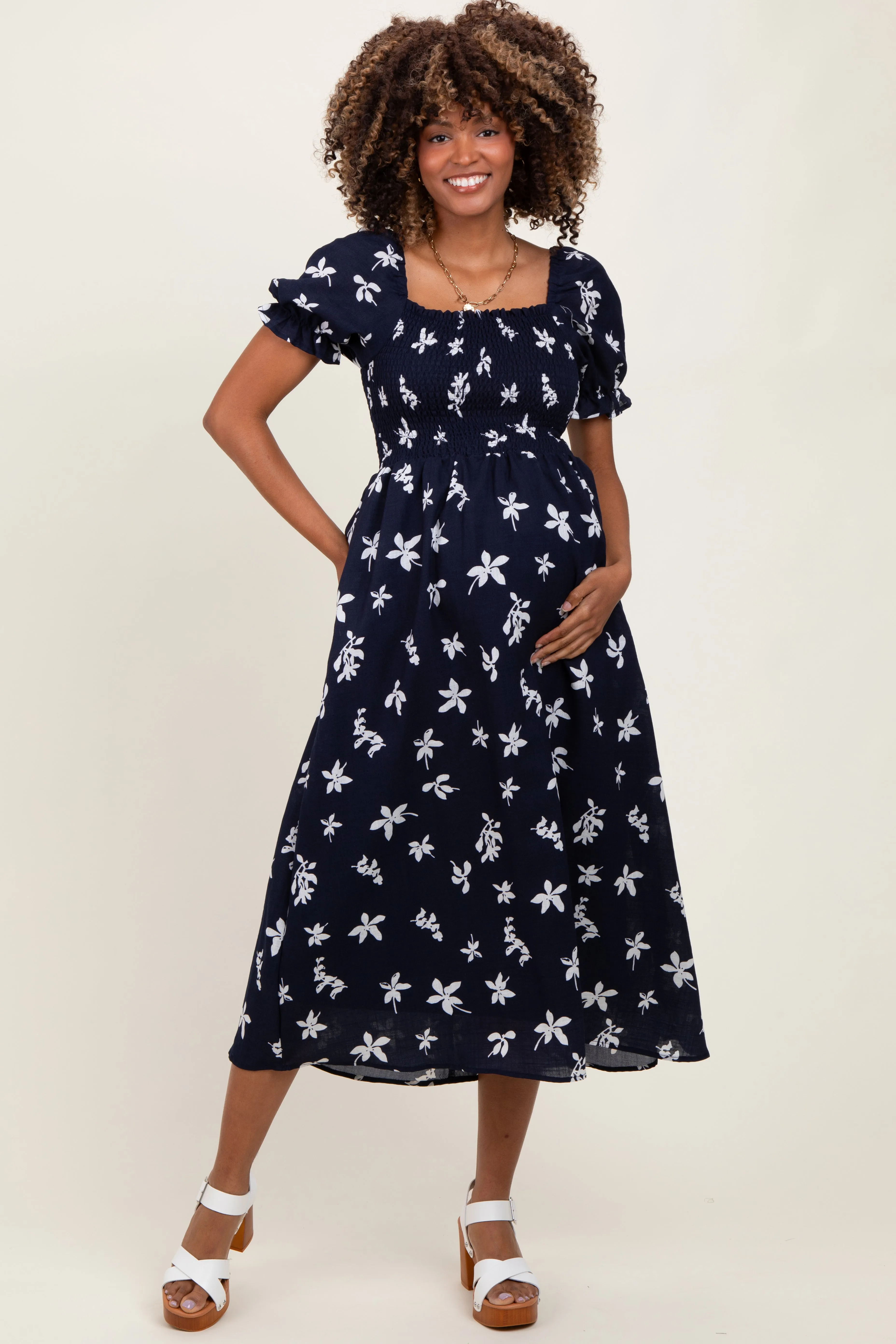 Navy Floral Puff Sleeve Maternity Midi Dress sold by Pinkblush