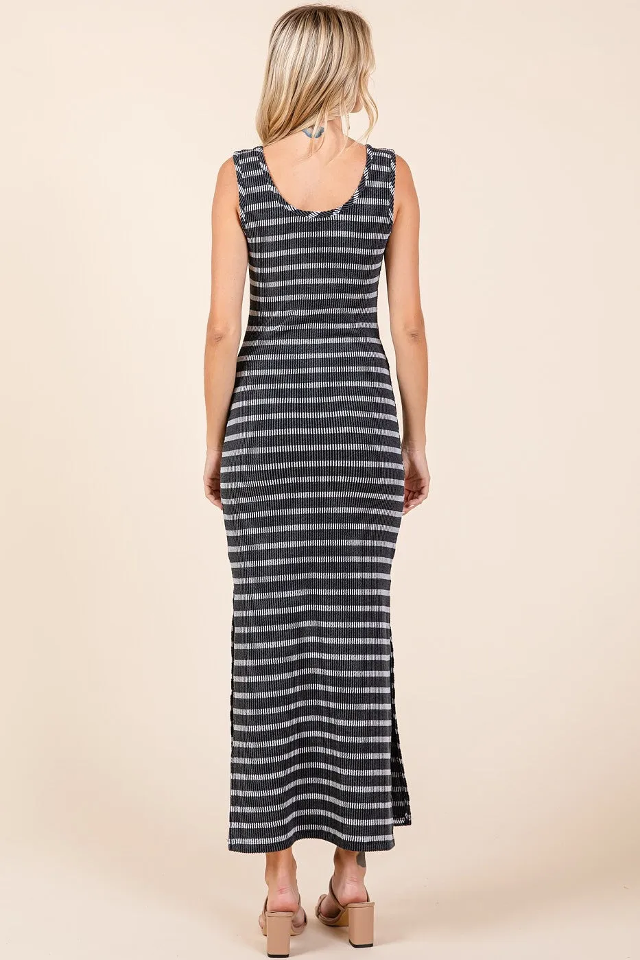 Black Striped Ribbed Sleeveless Side Slit Maxi Dress sold by Pinkblush product image thumbnail 4