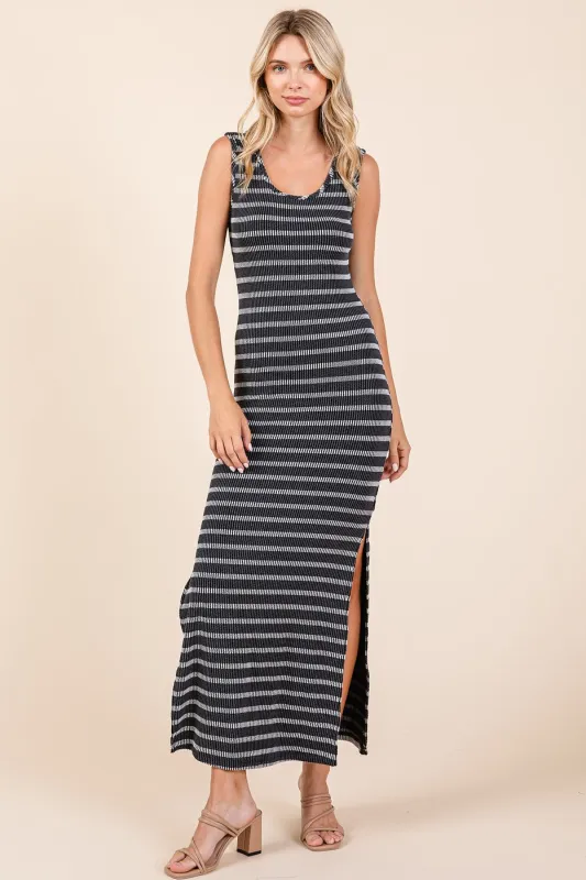 Black Striped Ribbed Sleeveless Side Slit Maxi Dress sold by Pinkblush
