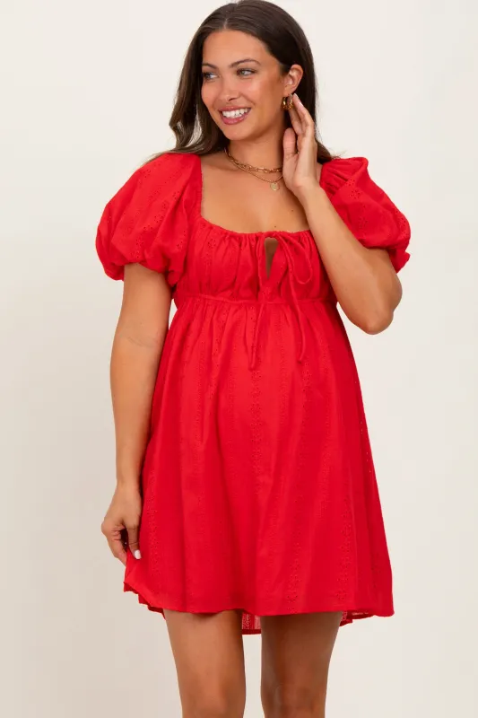 Red Eyelet Lace Puff Sleeve Maternity Mini Dress sold by Pinkblush