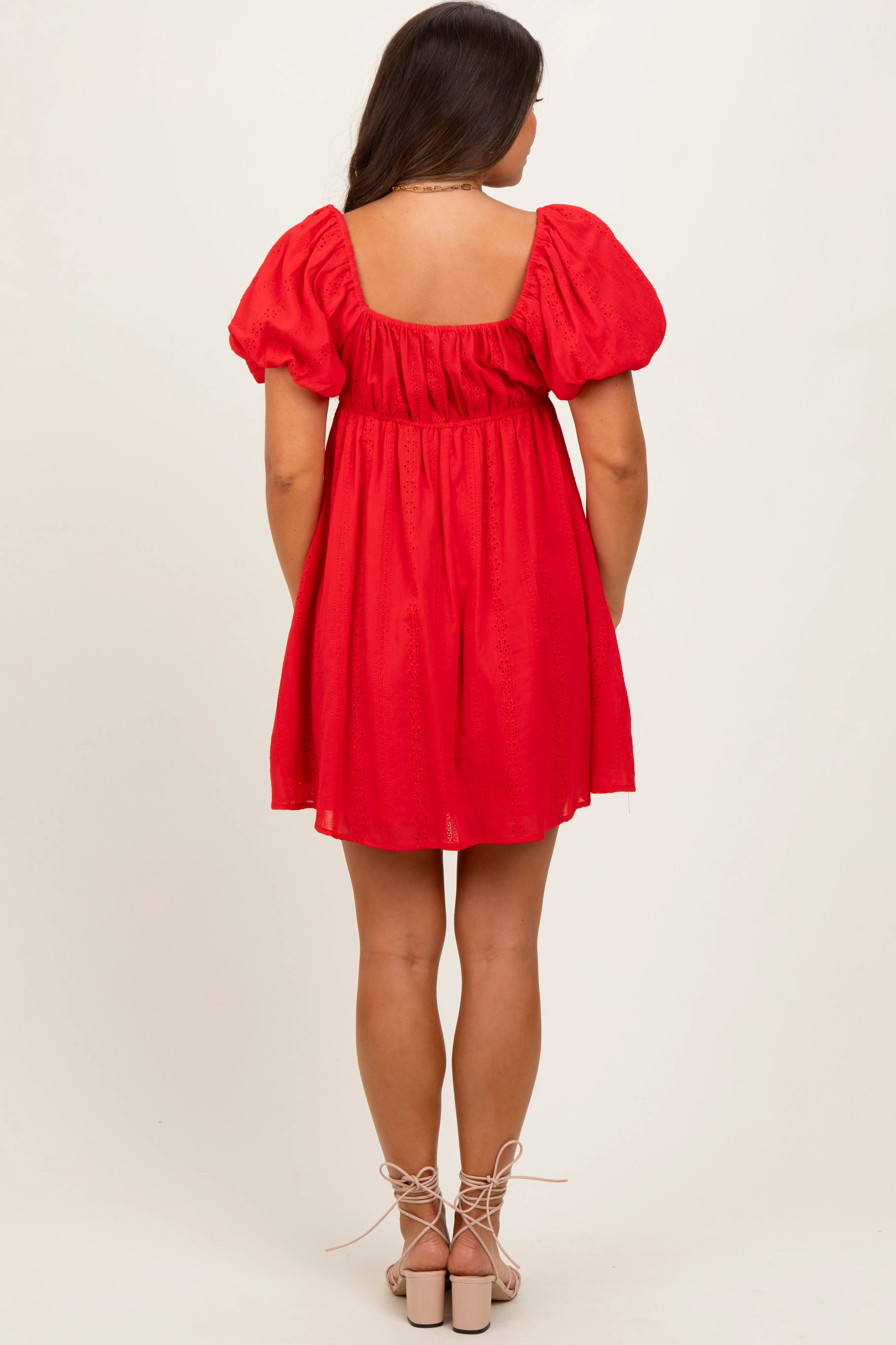 Red Eyelet Lace Puff Sleeve Maternity Mini Dress sold by Pinkblush product image thumbnail 3