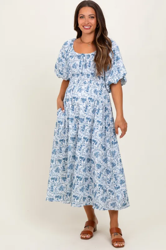 Blue Multi Printed Floral Maternity Maxi Dress sold by Pinkblush