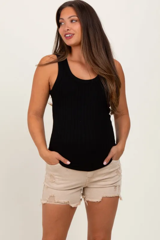 Beige Distressed Fringe Hem Maternity Jean Shorts sold by Pinkblush