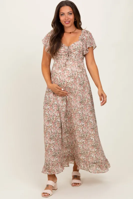 Cream Multi Flutter-Sleeved Smocked Floral Maternity Maxi Dress sold by Pinkblush