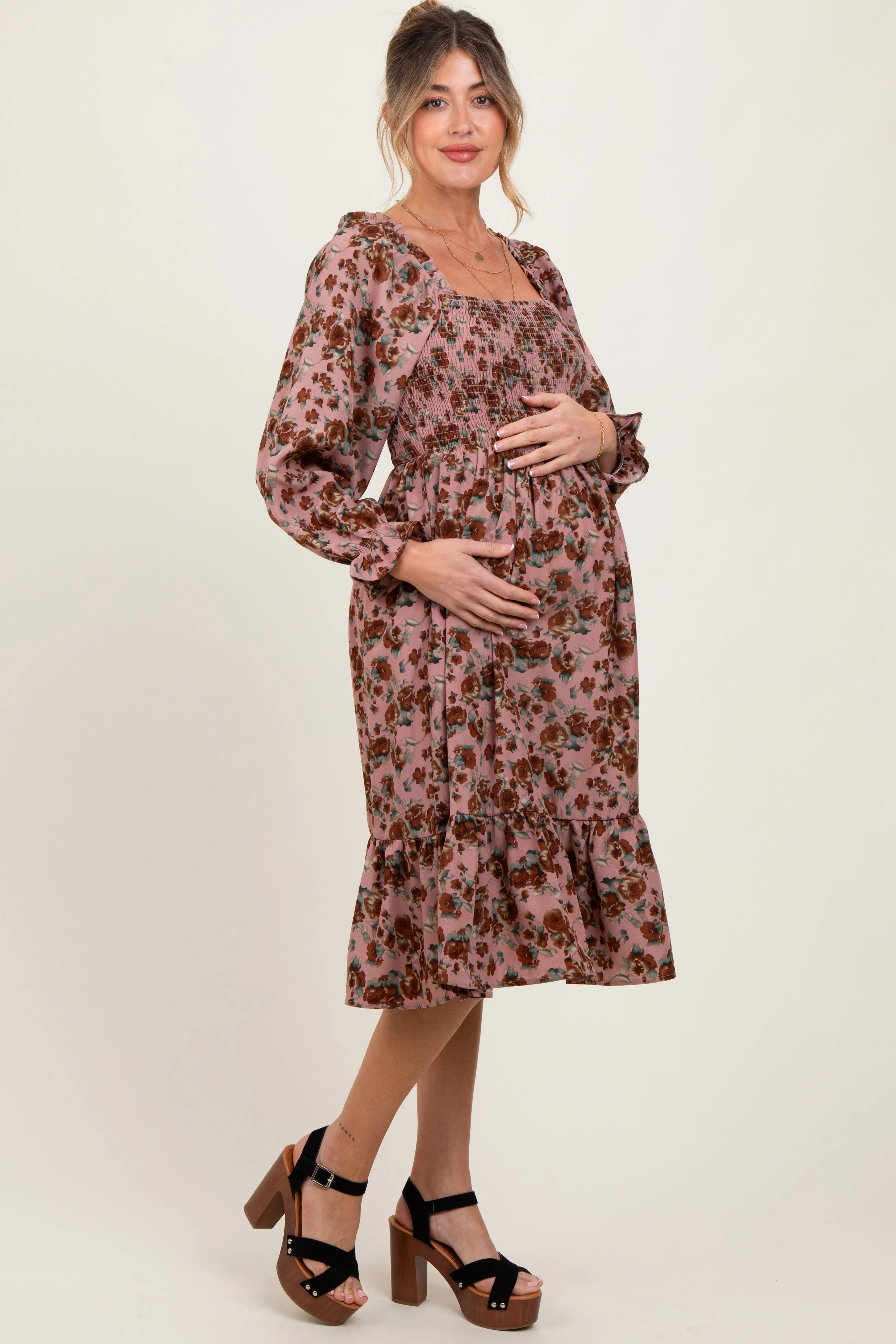 Mauve Rose Smocked Velvet Bow Tie Maternity Midi Dress sold by Pinkblush product image thumbnail 2