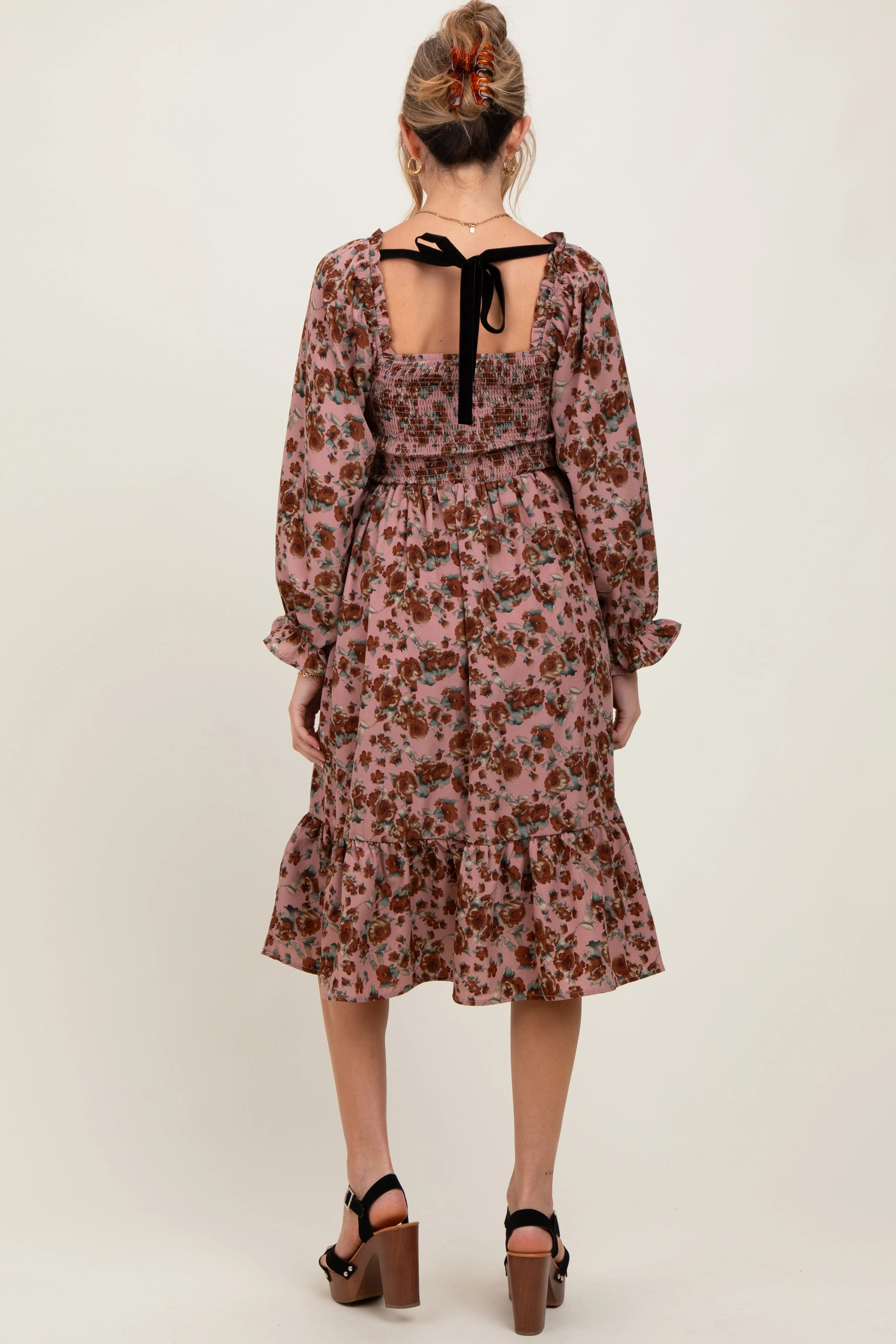 Mauve Rose Smocked Velvet Bow Tie Maternity Midi Dress sold by Pinkblush product image thumbnail 3