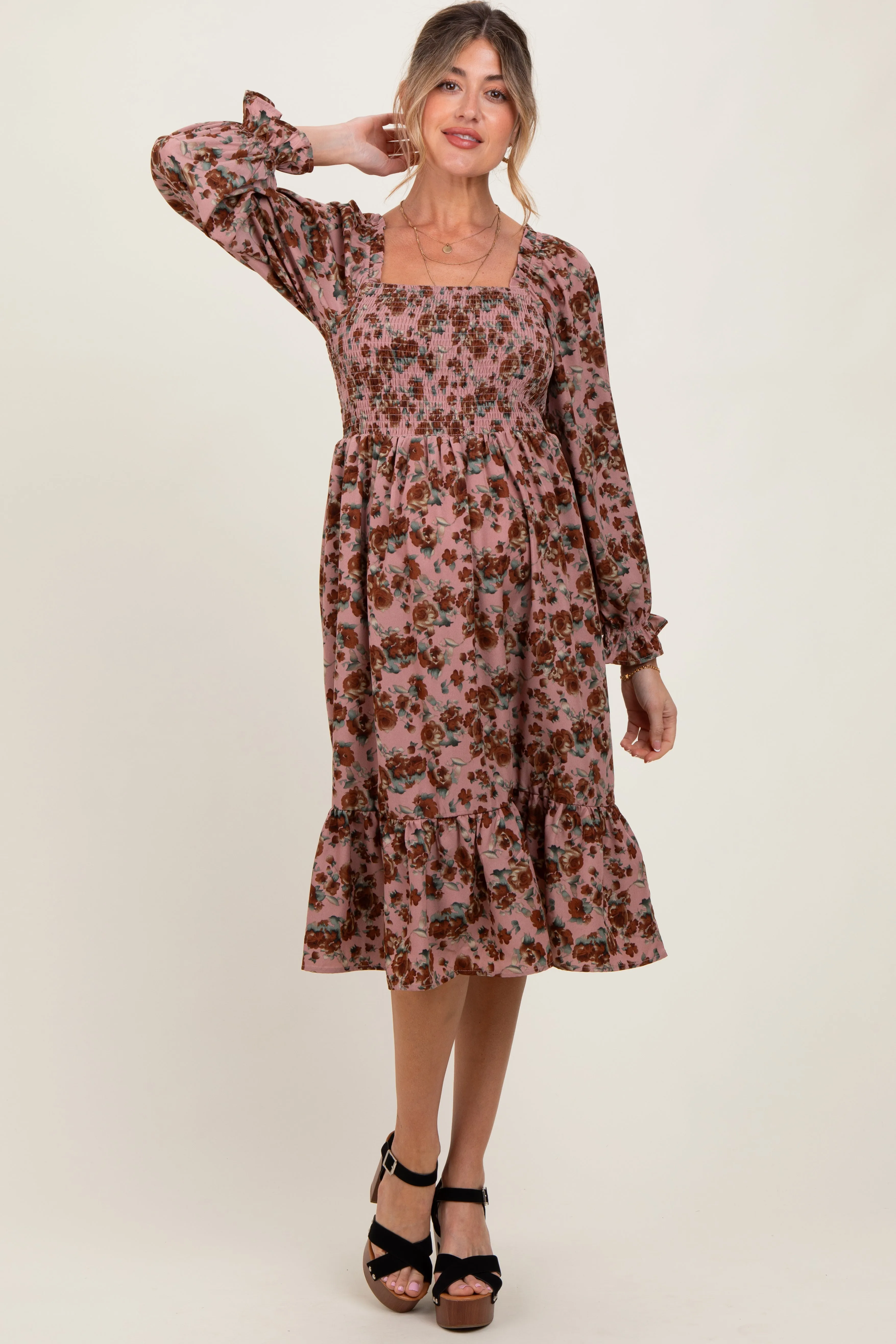 Mauve Rose Smocked Velvet Bow Tie Maternity Midi Dress sold by Pinkblush