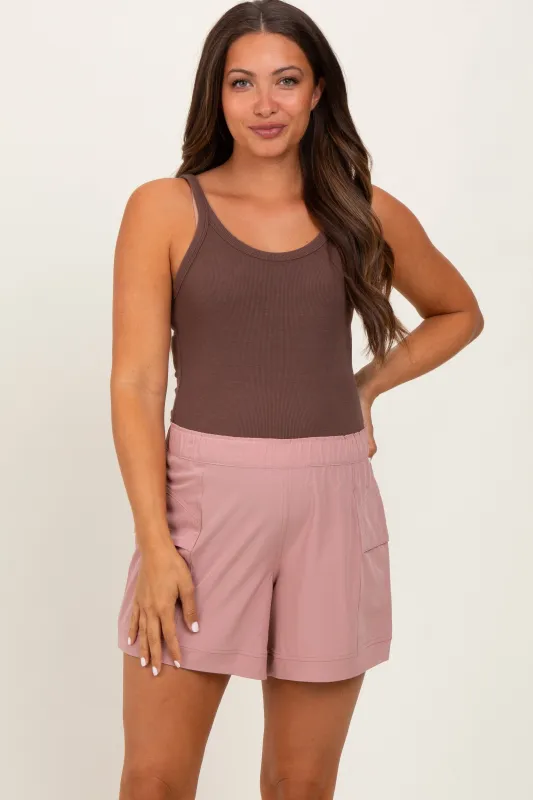 Mauve Elastic Cargo Maternity Shorts sold by Pinkblush