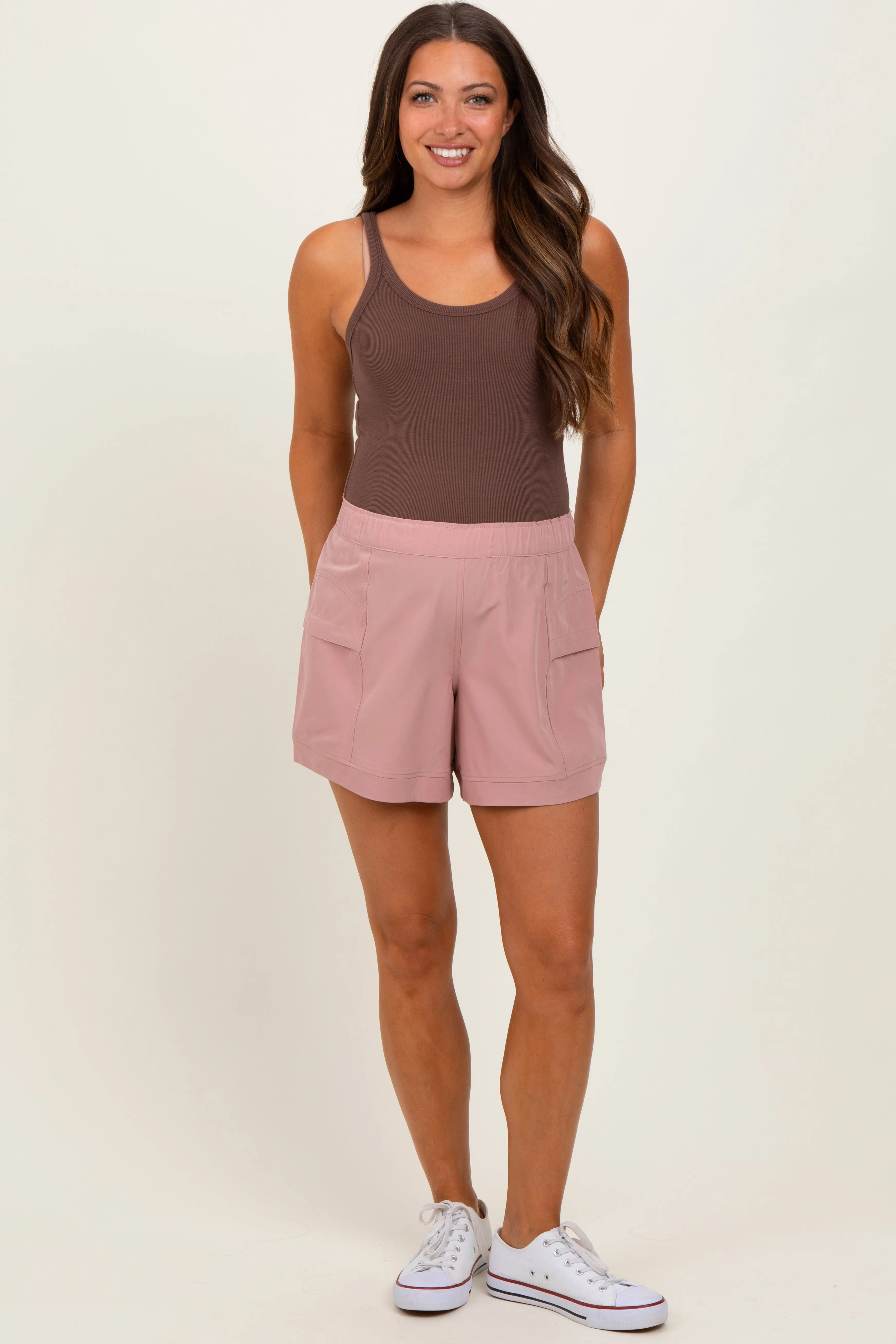 Mauve Elastic Cargo Maternity Shorts sold by Pinkblush product image thumbnail 2