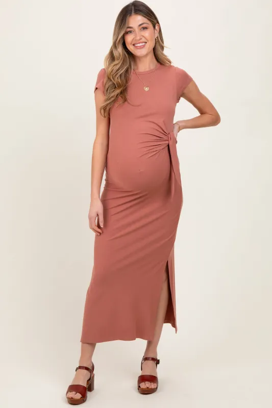 Mauve Side Knot Tie Short Sleeve Maternity Midi Dress sold by Pinkblush