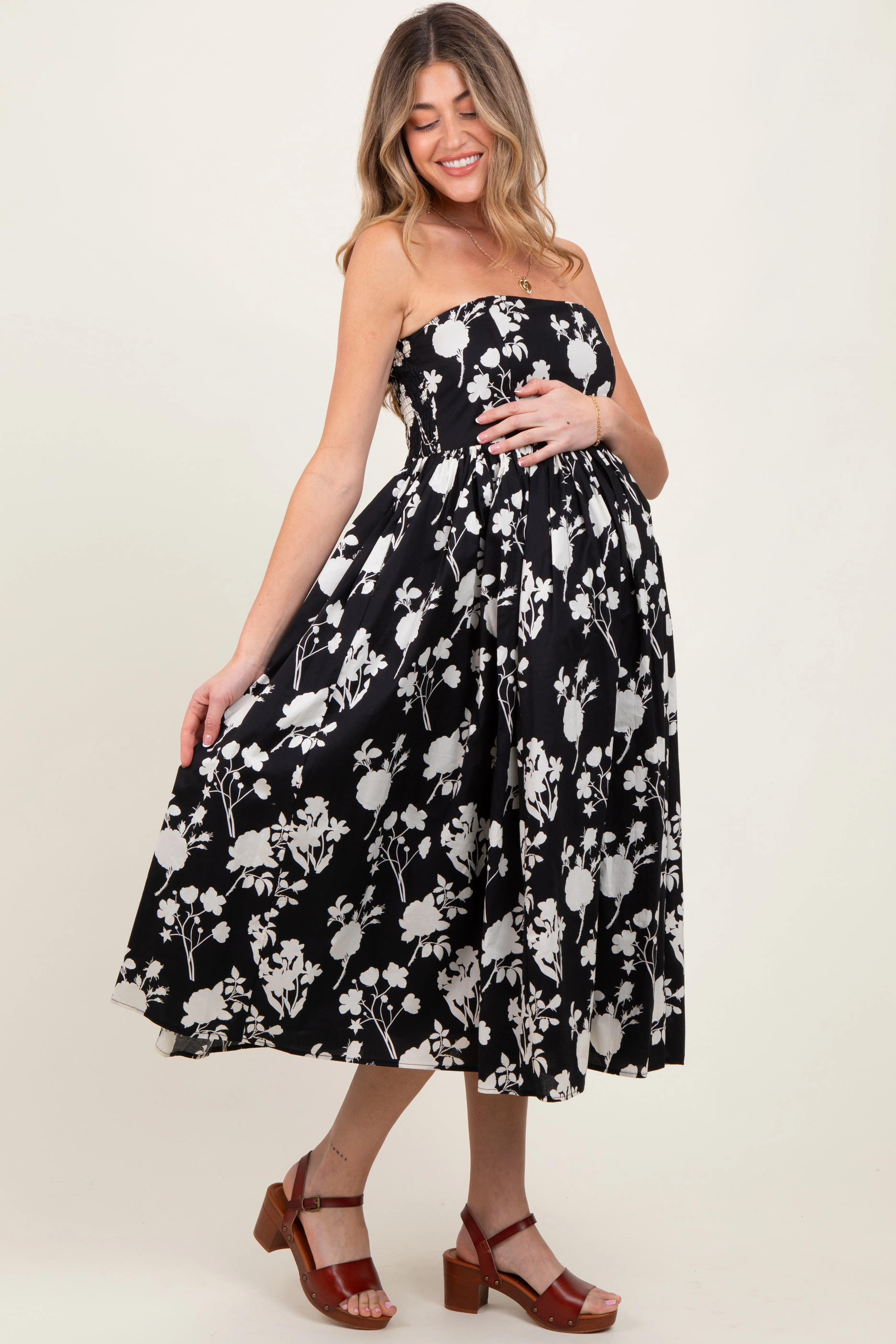 Black Floral Strapless Flare Maternity Midi Dress sold by Pinkblush product image thumbnail 2