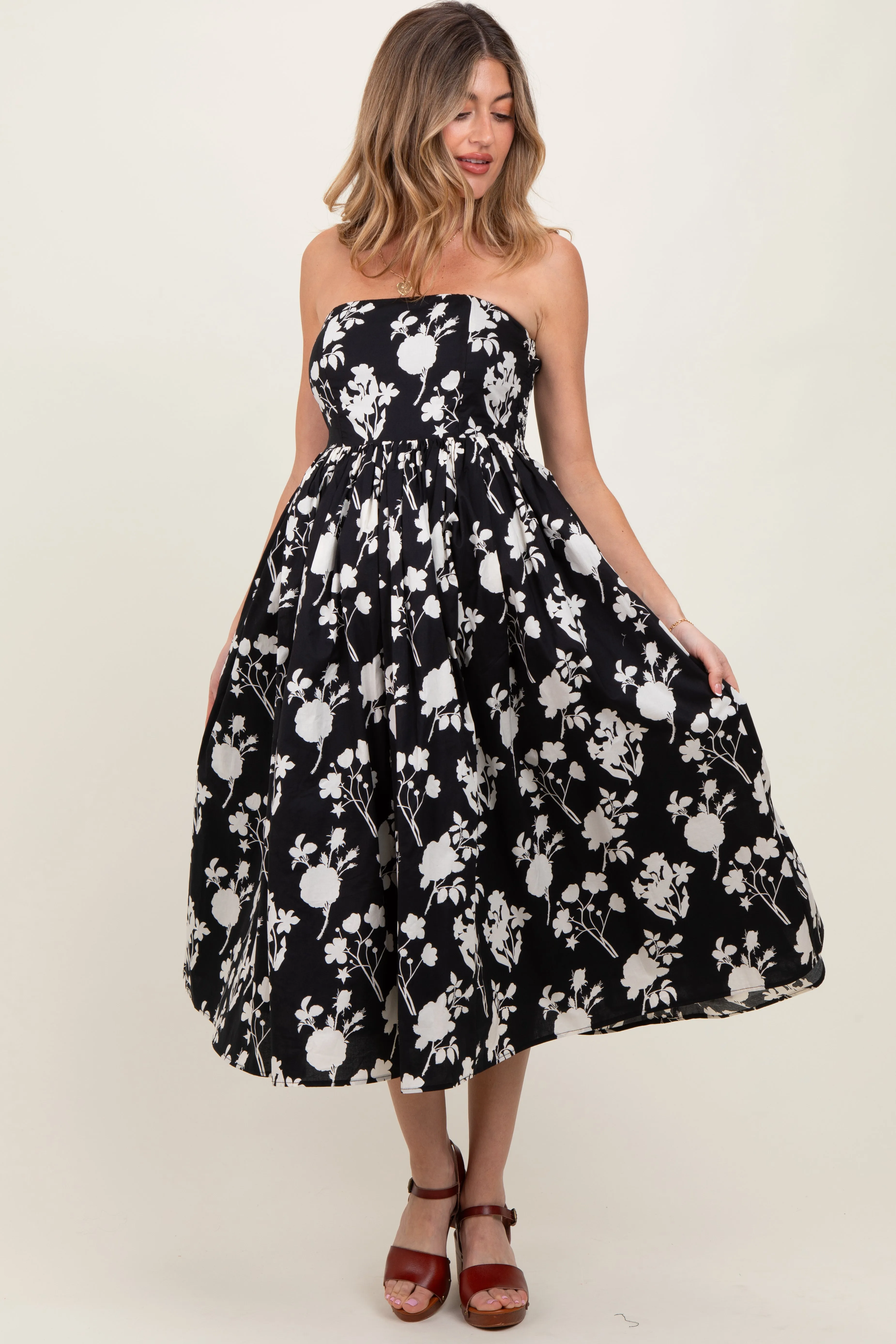 Black Floral Strapless Flare Maternity Midi Dress sold by Pinkblush