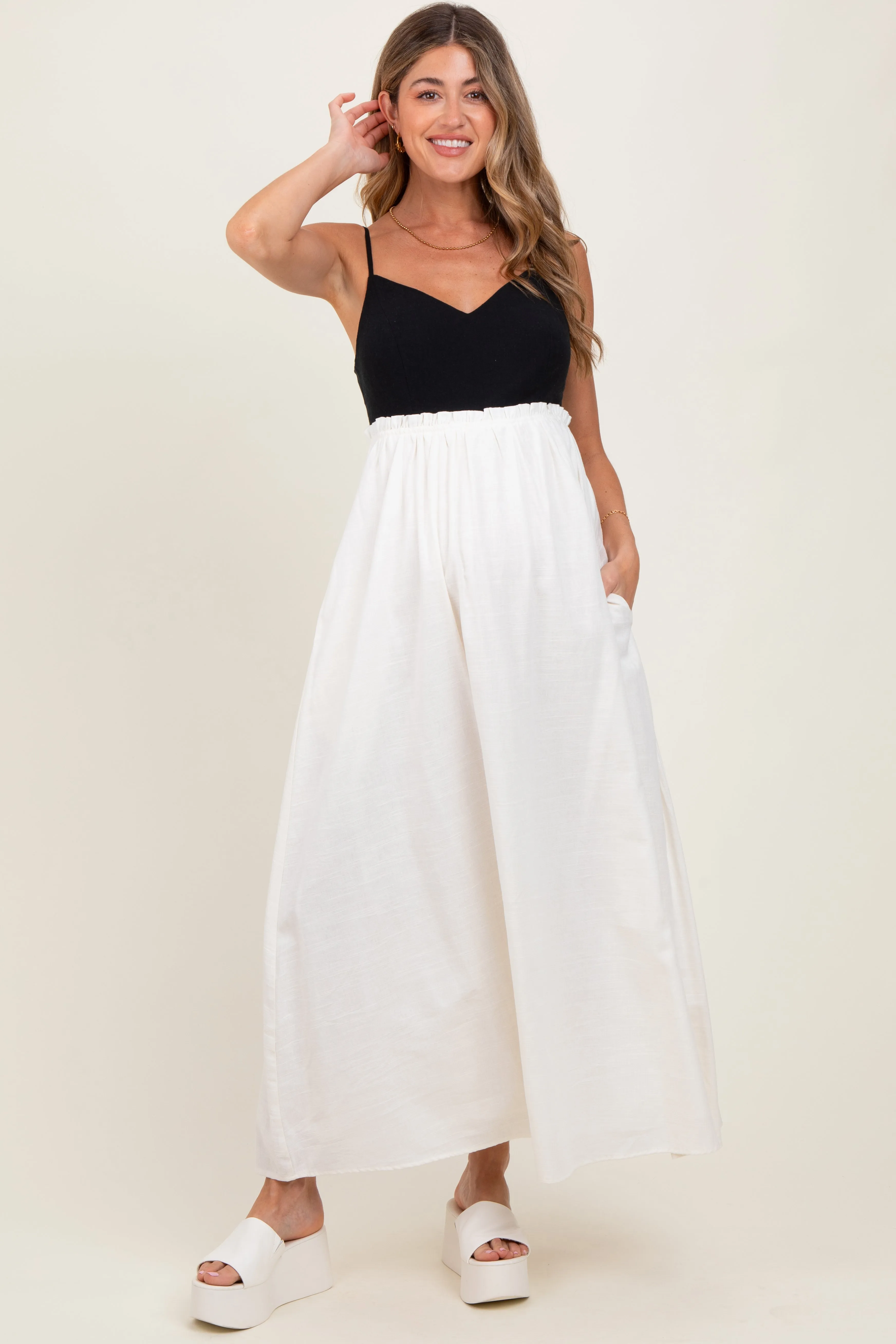 Cream Colorblock Open Tie Back Maternity Maxi Dress sold by Pinkblush