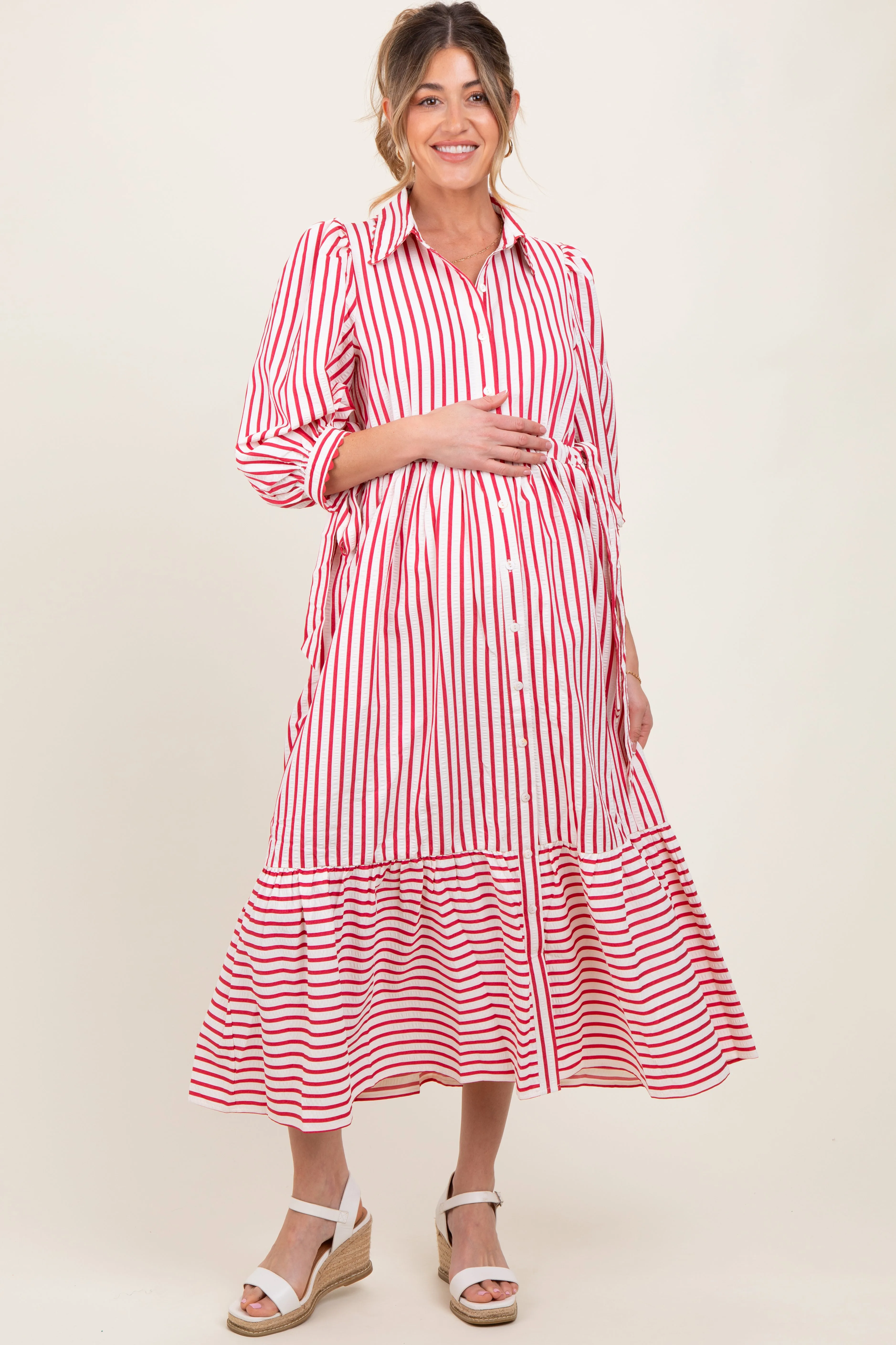 Red Striped Collar Maternity Maxi Dress sold by Pinkblush