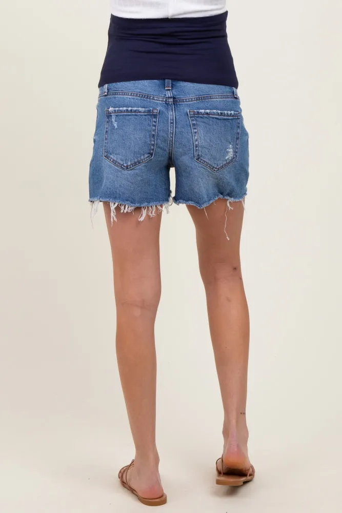 Blue High Rise Distressed Hem A Line Denim Maternity Shorts sold by Pinkblush product image thumbnail 5