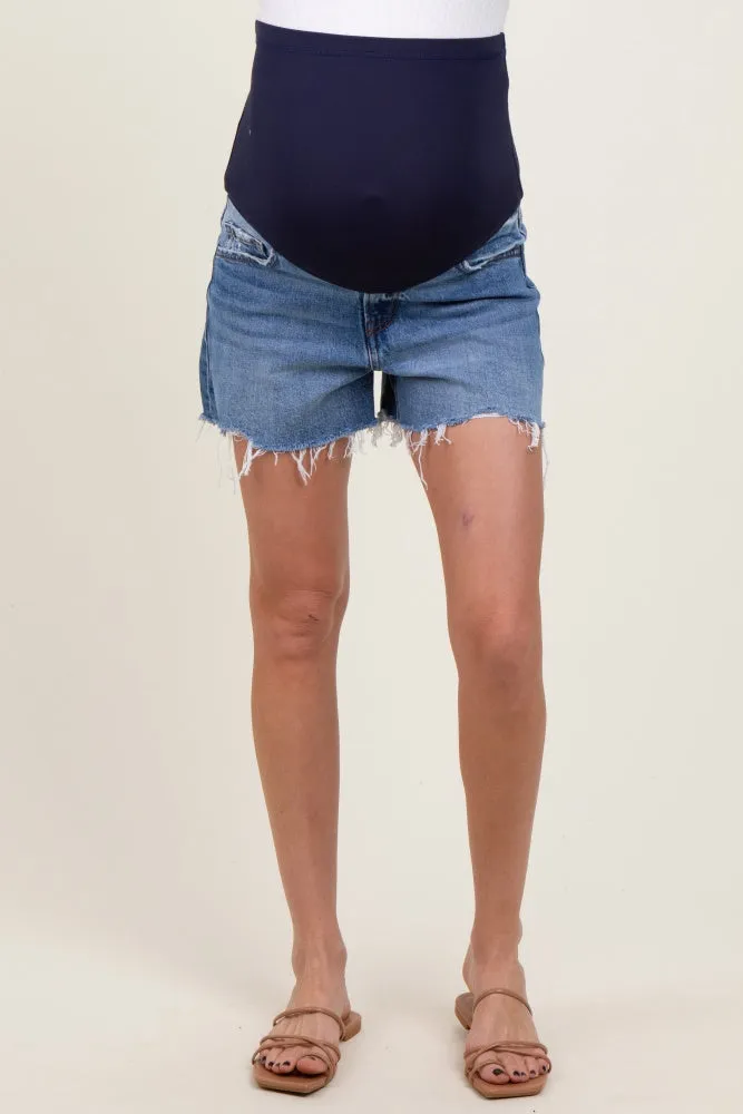 Blue High Rise Distressed Hem A Line Denim Maternity Shorts sold by Pinkblush product image thumbnail 3