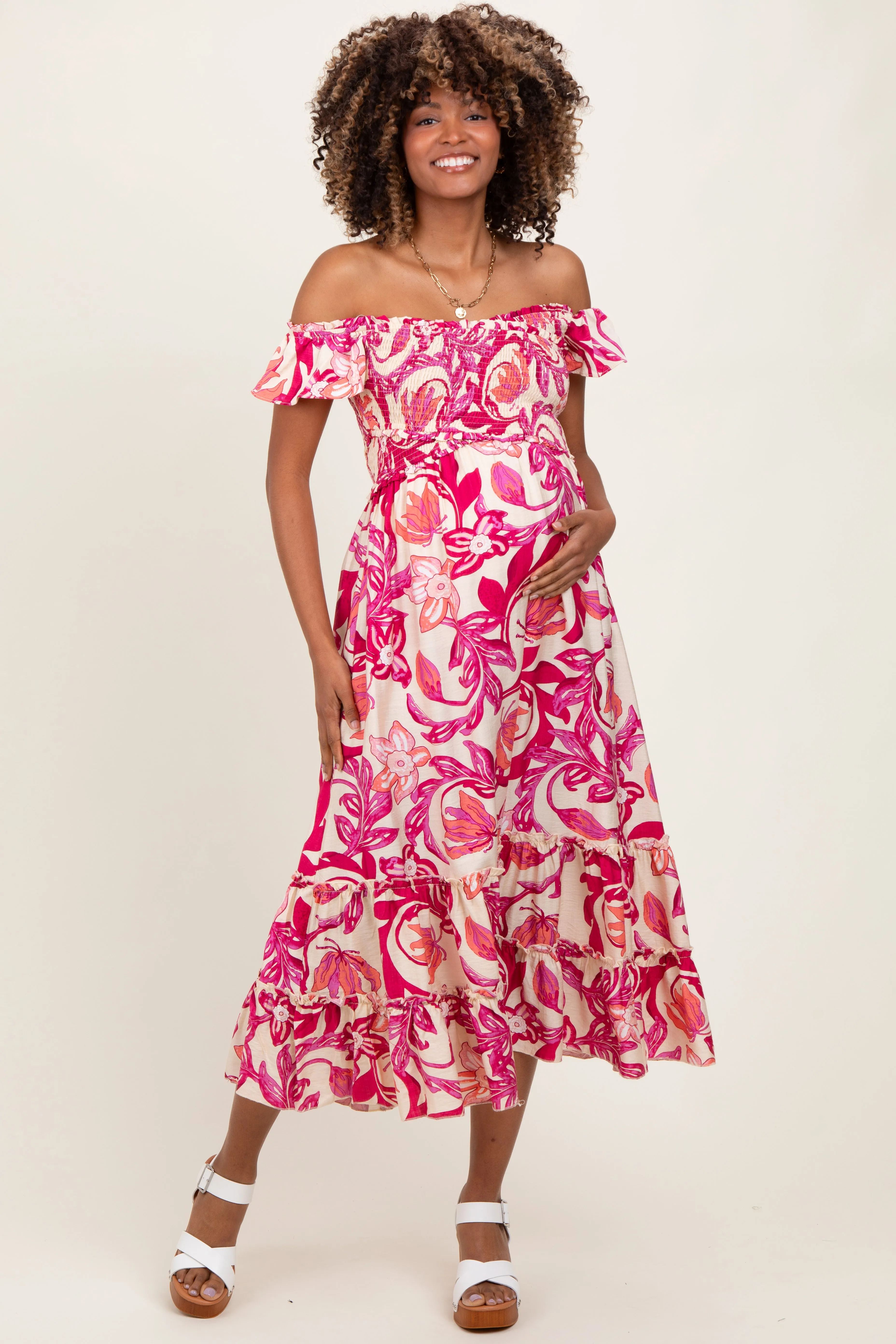 Magenta Multi Smocked Top Woven Maternity Midi Dress sold by Pinkblush