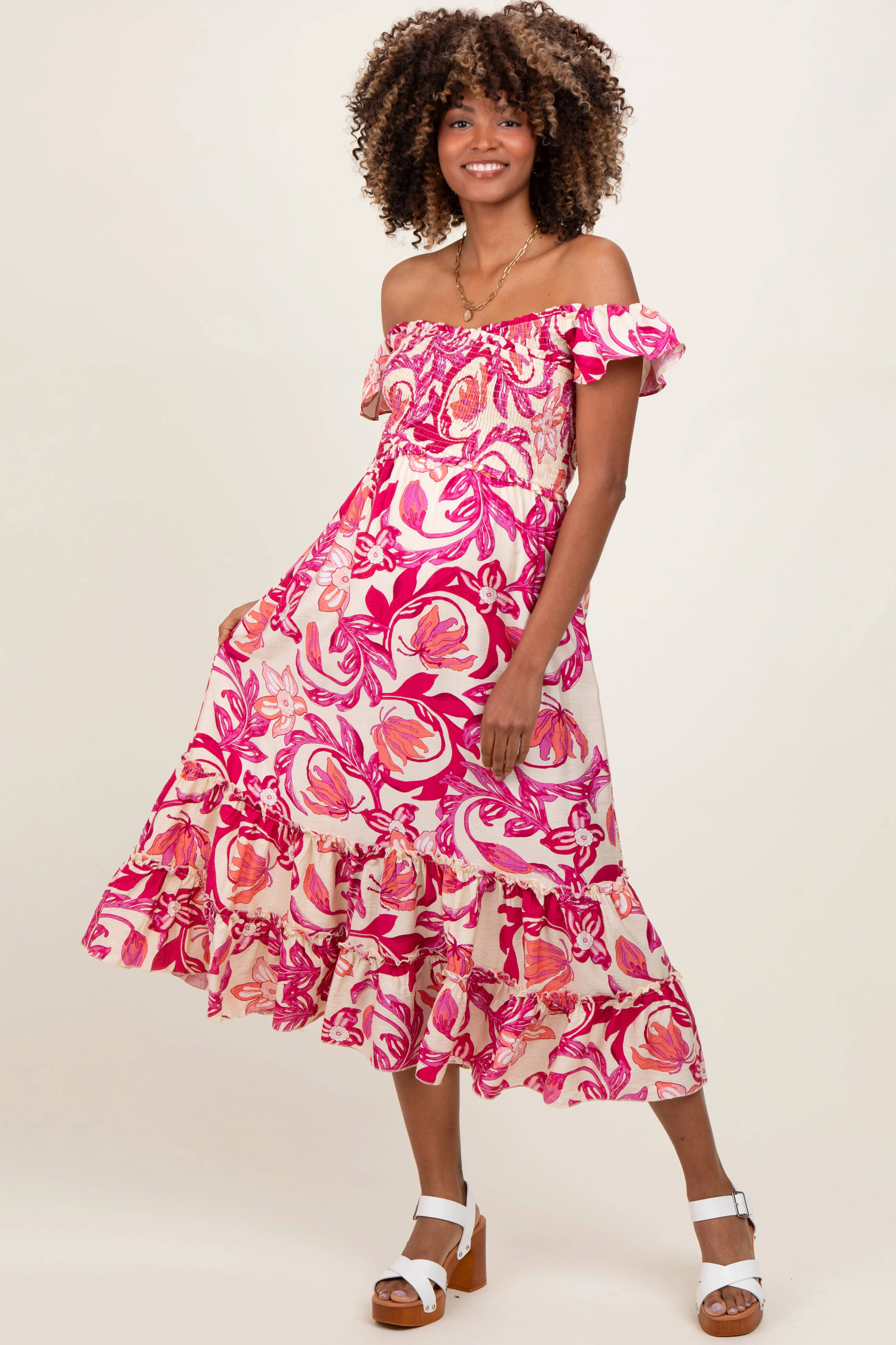 Magenta Multi Smocked Top Woven Maternity Midi Dress sold by Pinkblush product image thumbnail 2