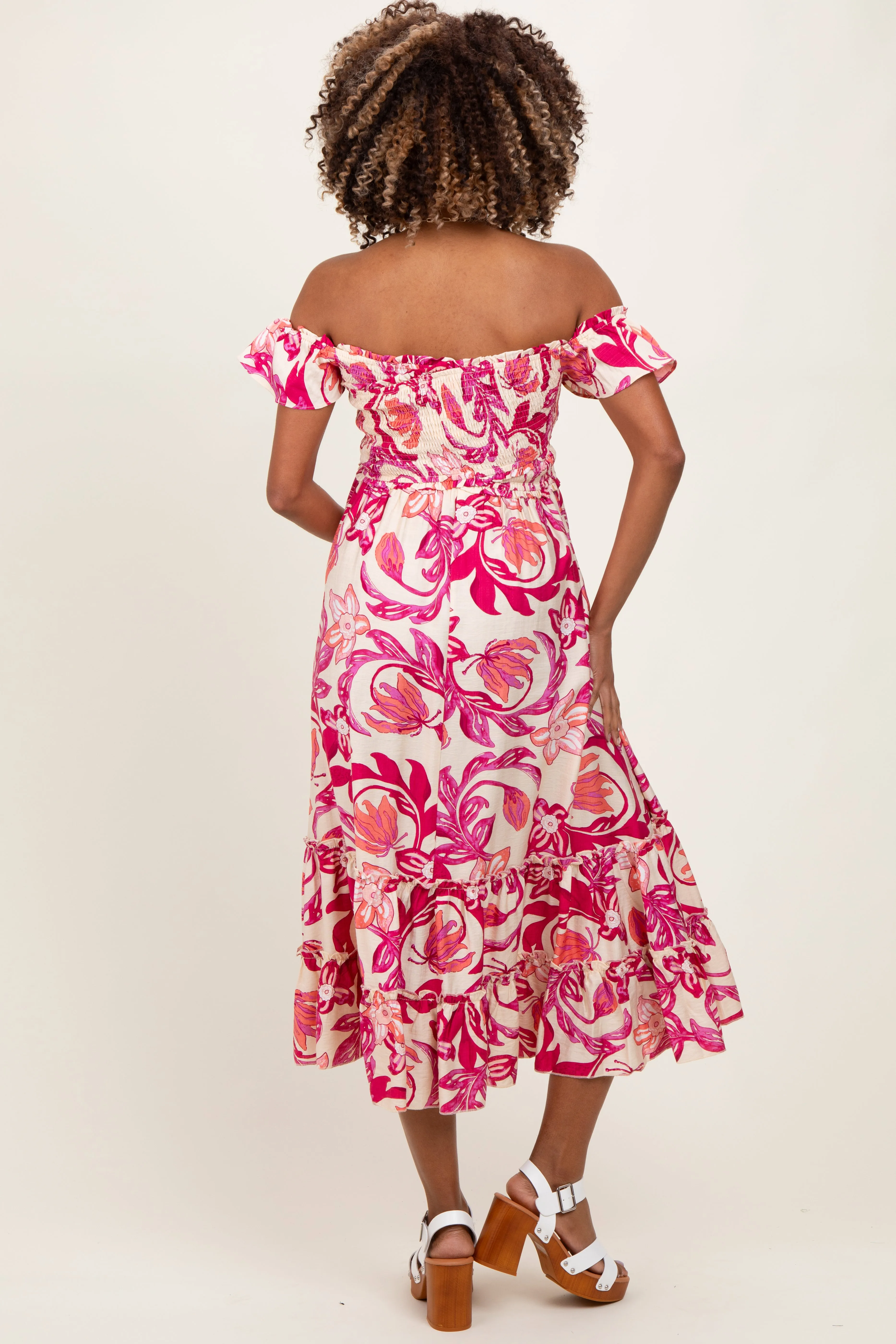 Magenta Multi Smocked Top Woven Maternity Midi Dress sold by Pinkblush product image thumbnail 3