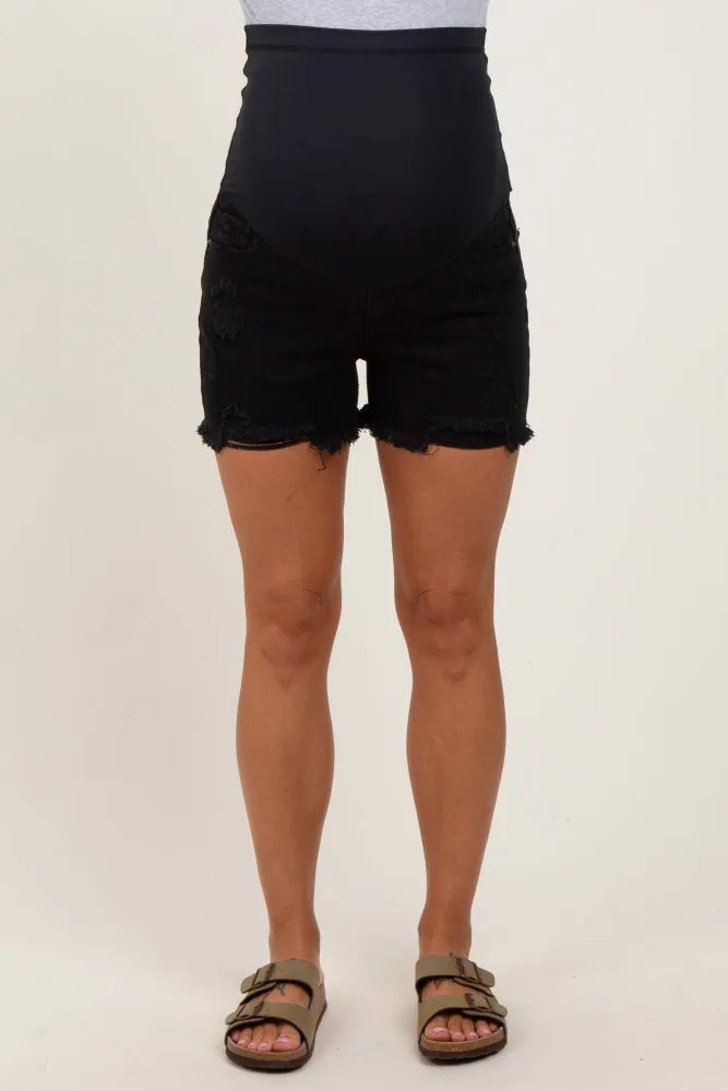 Black Distressed Fringe Hem Maternity Jean Shorts sold by Pinkblush product image thumbnail 3