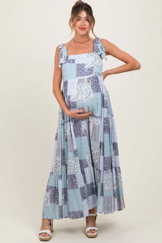 Blue Patchwork Print Shoulder Tie Tiered Maternity Maxi Dress sold by Pinkblush