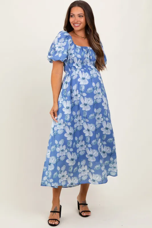 Blue Multi Printed Floral Square Neck Maternity Midi Dress sold by Pinkblush