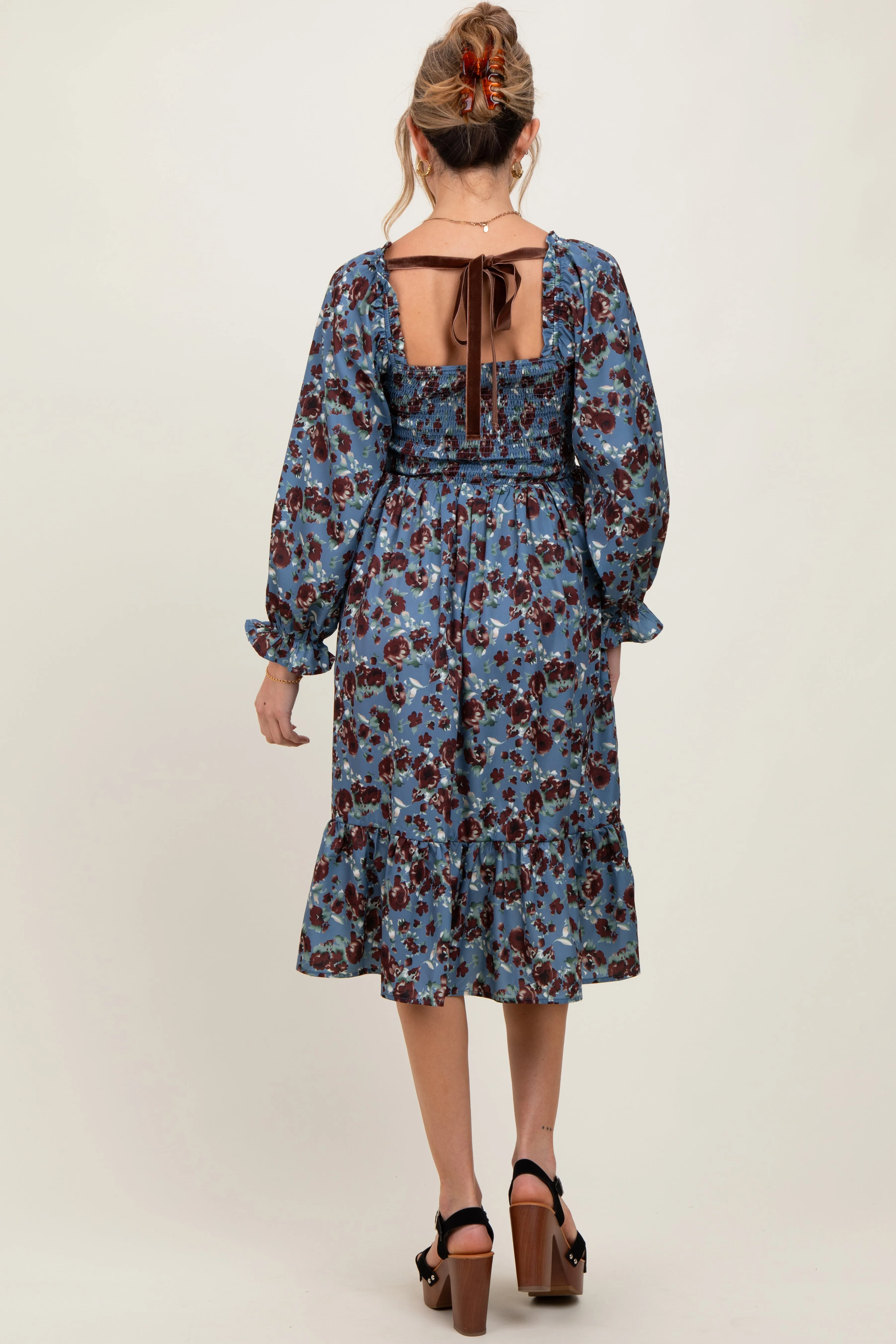 Blue Rose Smocked Velvet Bow Tie Maternity Midi Dress sold by Pinkblush product image thumbnail 2