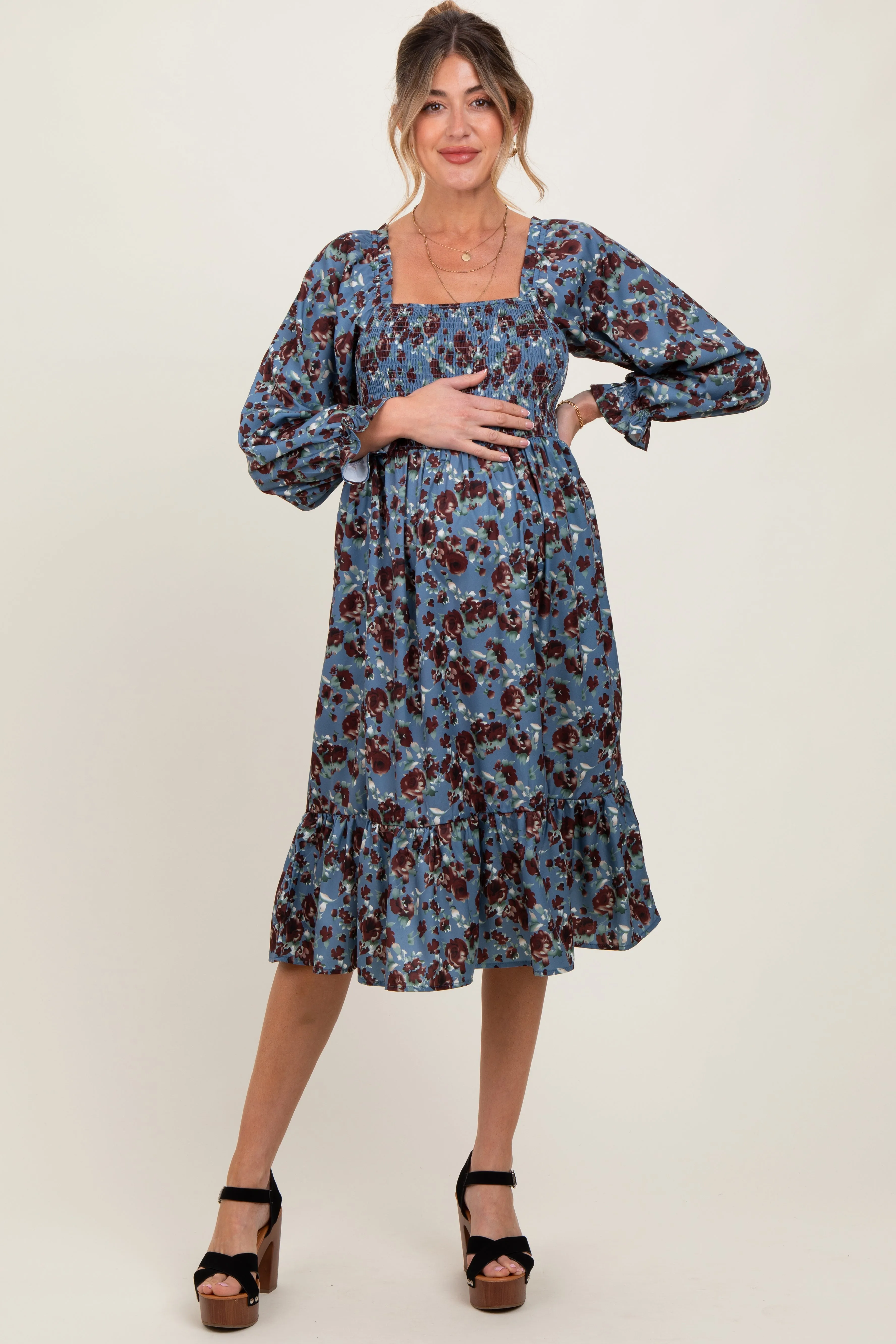 Blue Rose Smocked Velvet Bow Tie Maternity Midi Dress sold by Pinkblush