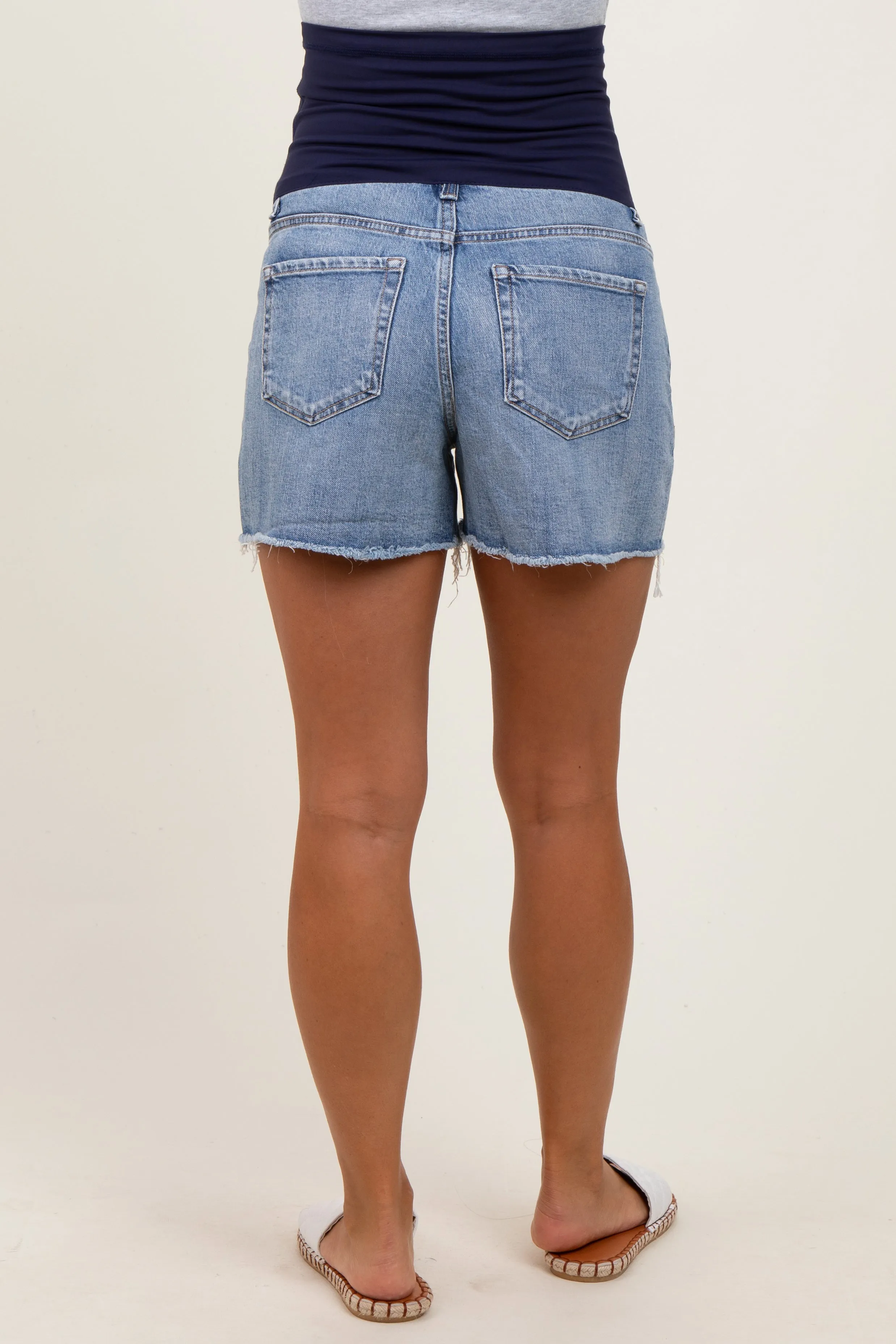 Blue High Rise Frayed Hem Maternity Denim Shorts sold by Pinkblush product image thumbnail 5