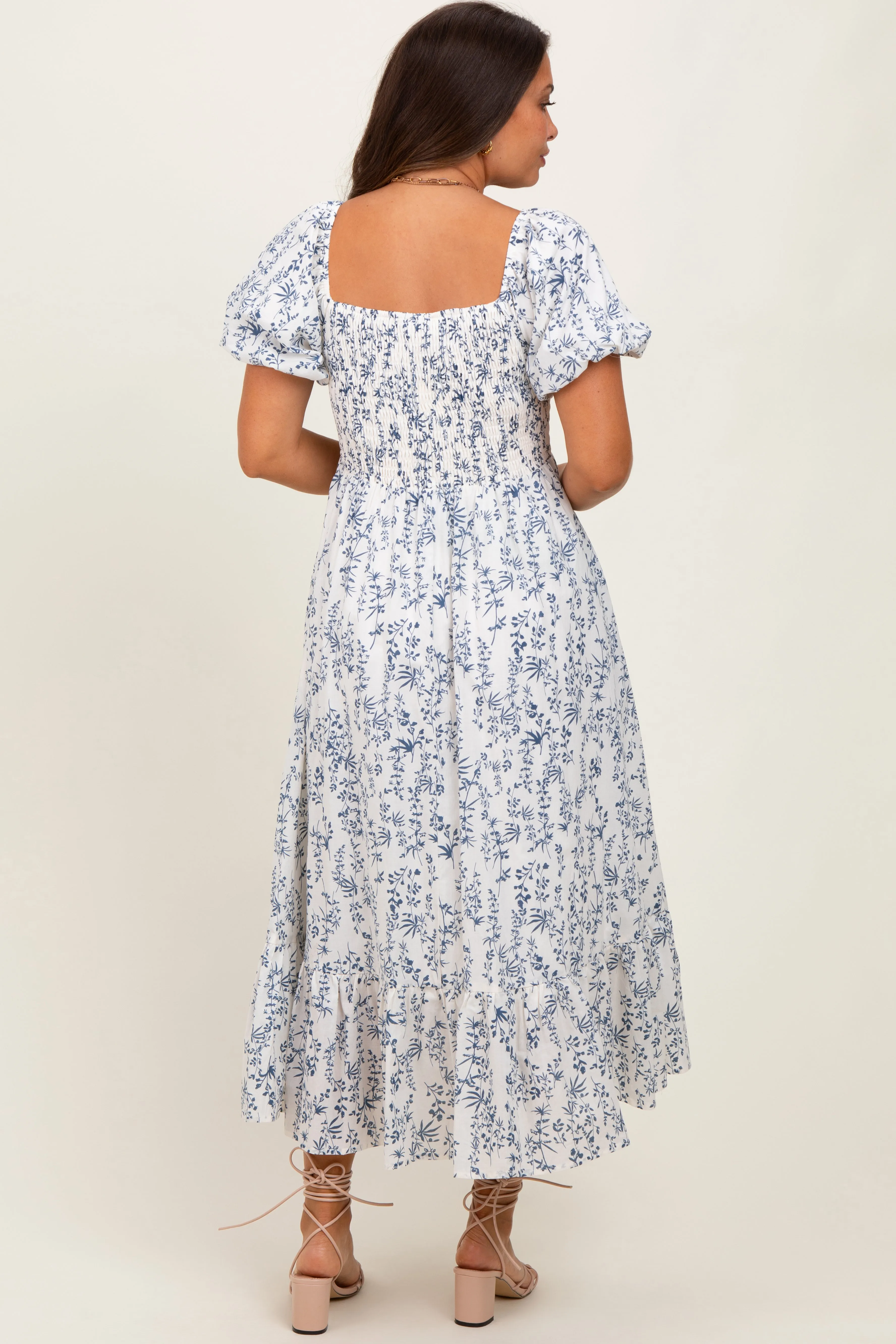 Cream Navy Leaf Printed Smocked Maternity Midi Dress sold by Pinkblush product image thumbnail 3