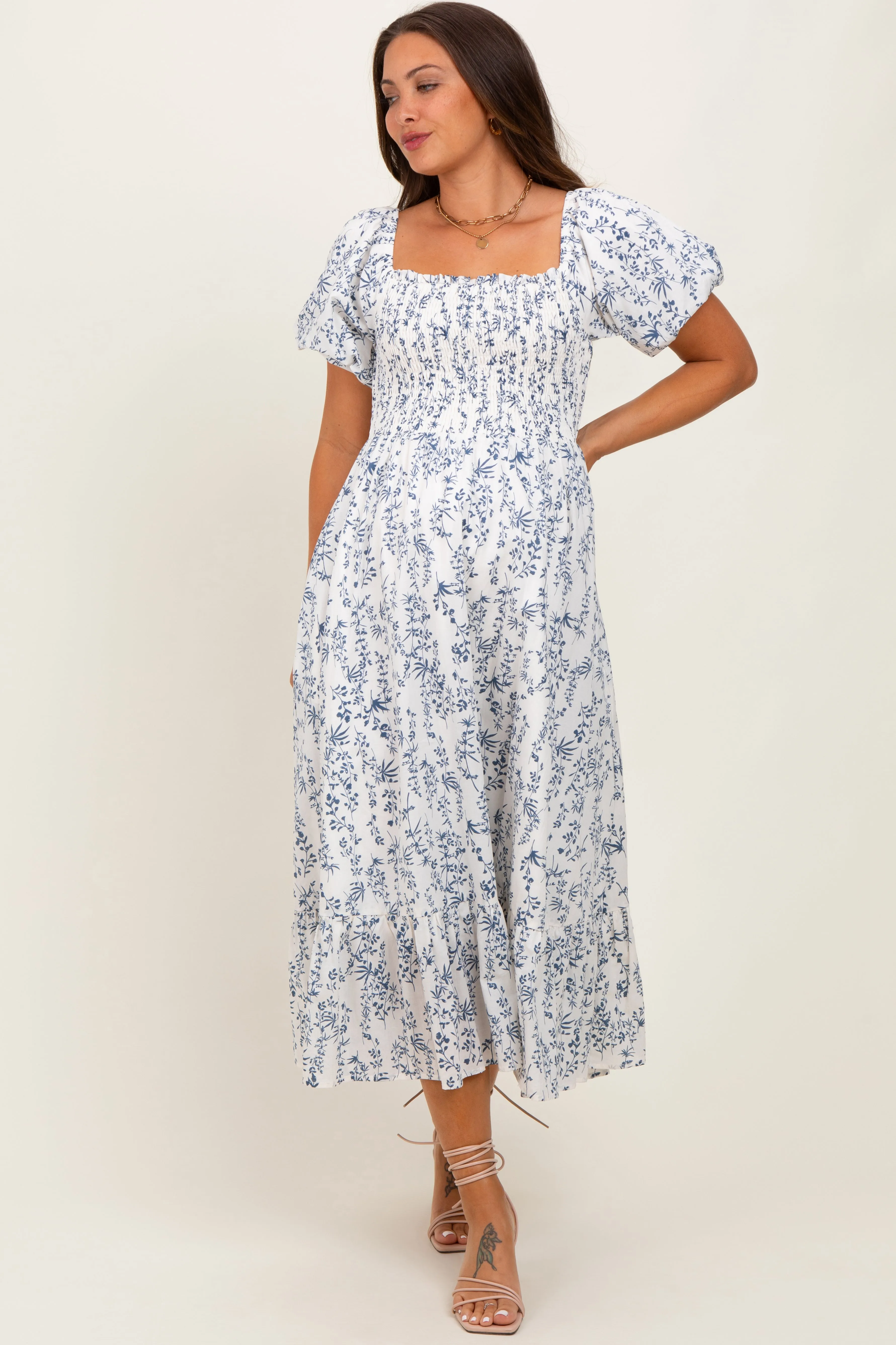 Cream Navy Leaf Printed Smocked Maternity Midi Dress sold by Pinkblush