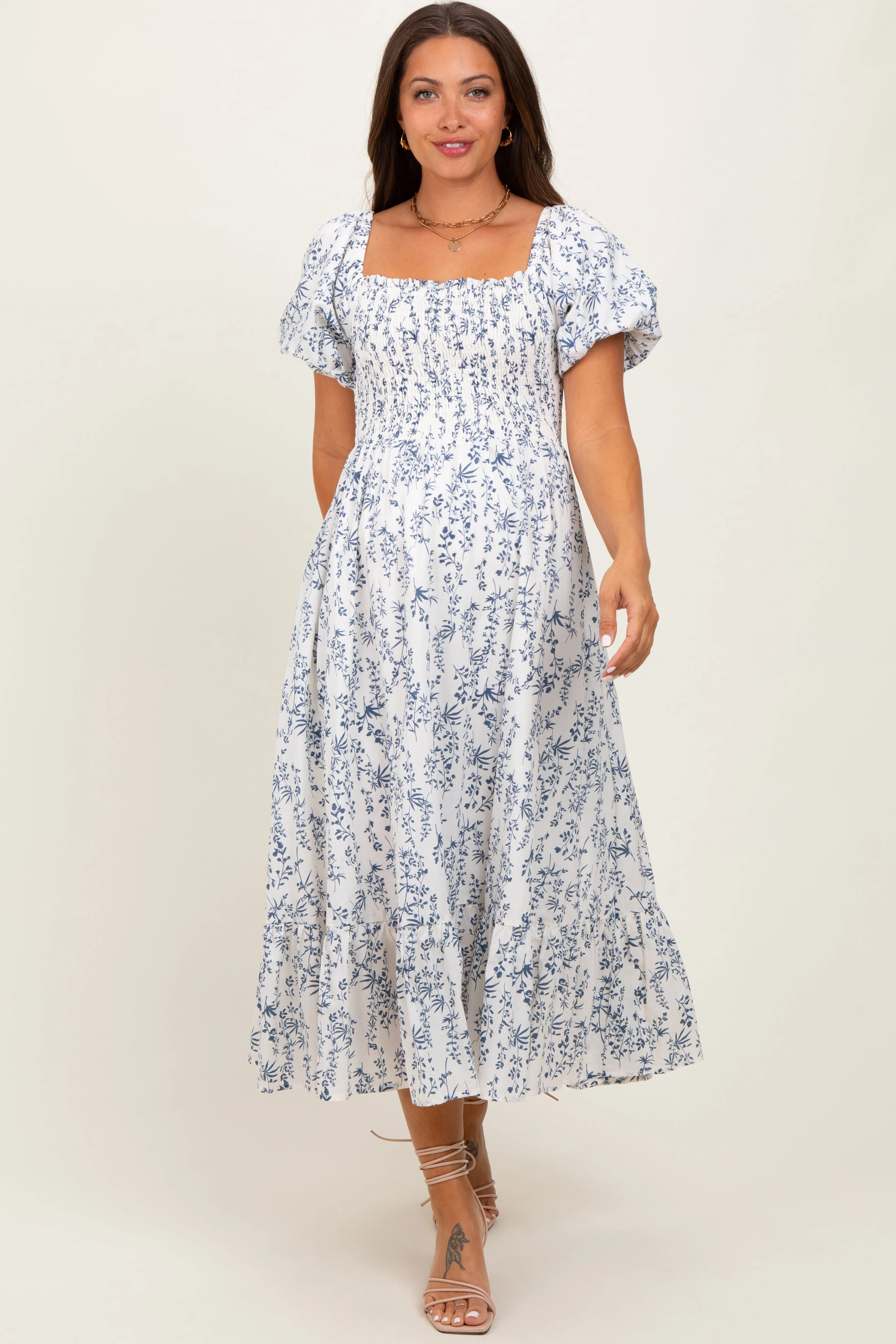 Cream Navy Leaf Printed Smocked Maternity Midi Dress sold by Pinkblush product image thumbnail 2
