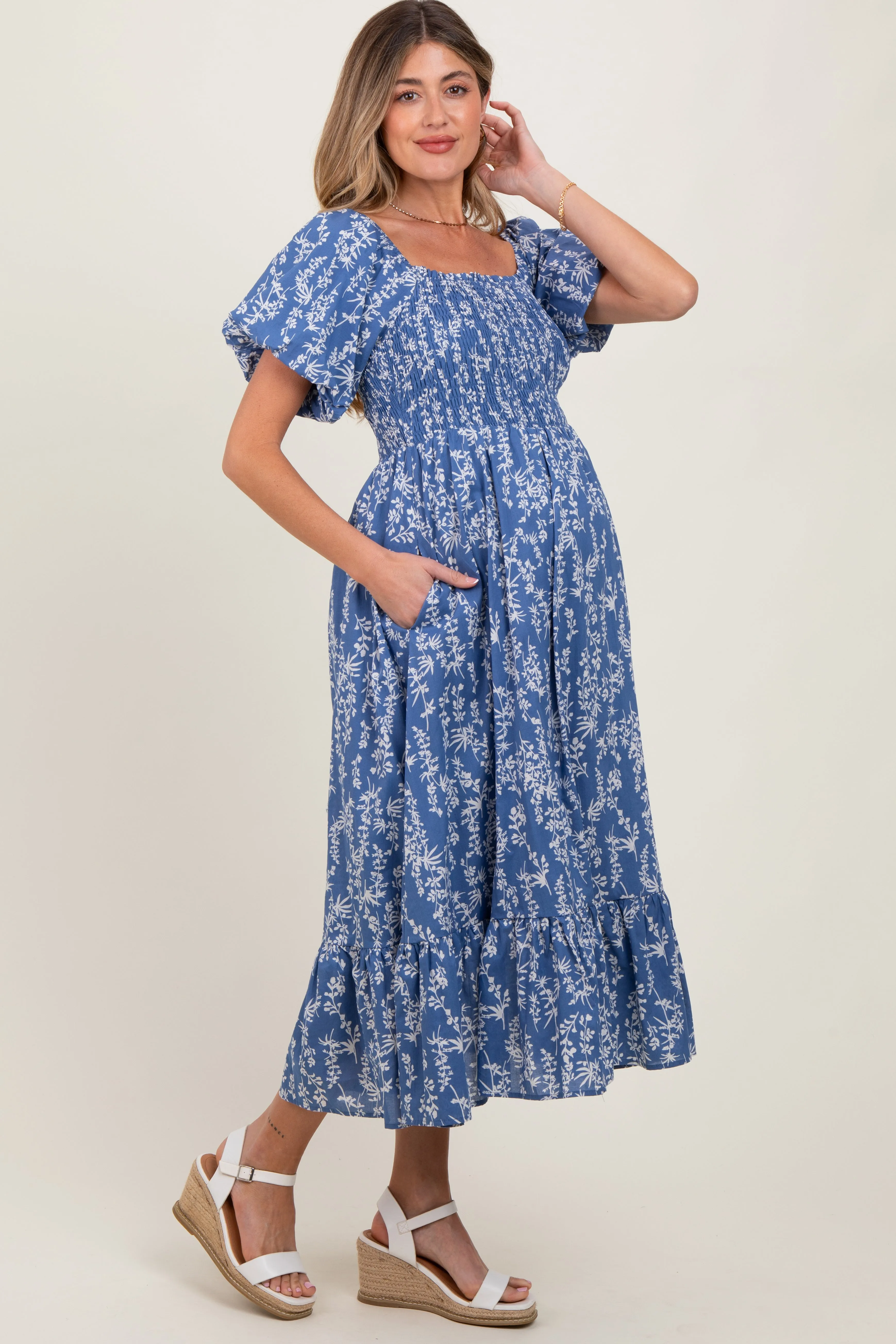 Blue Leaf Print Smocked Maternity Midi Dress sold by Pinkblush product image thumbnail 3