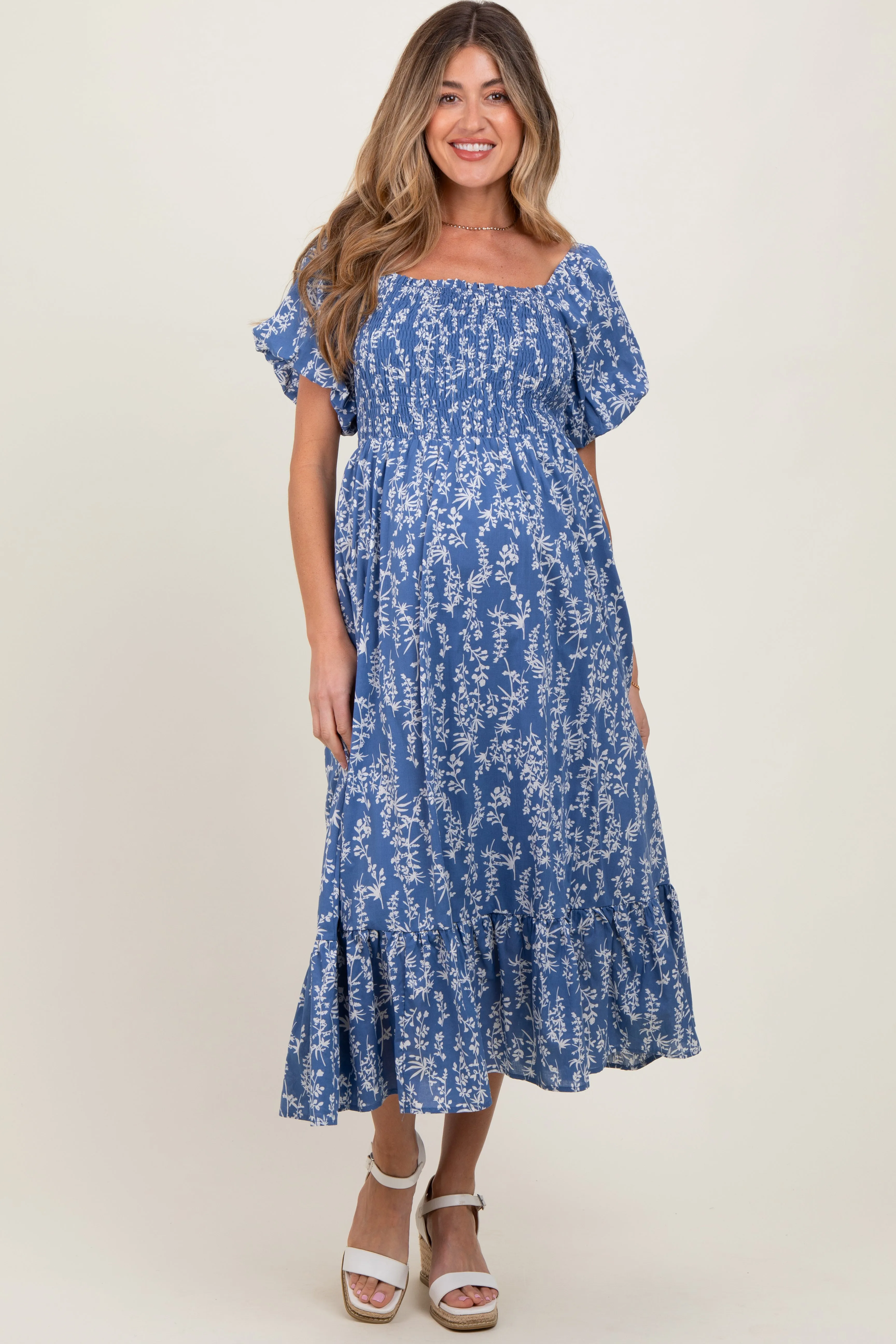 Blue Leaf Print Smocked Maternity Midi Dress sold by Pinkblush