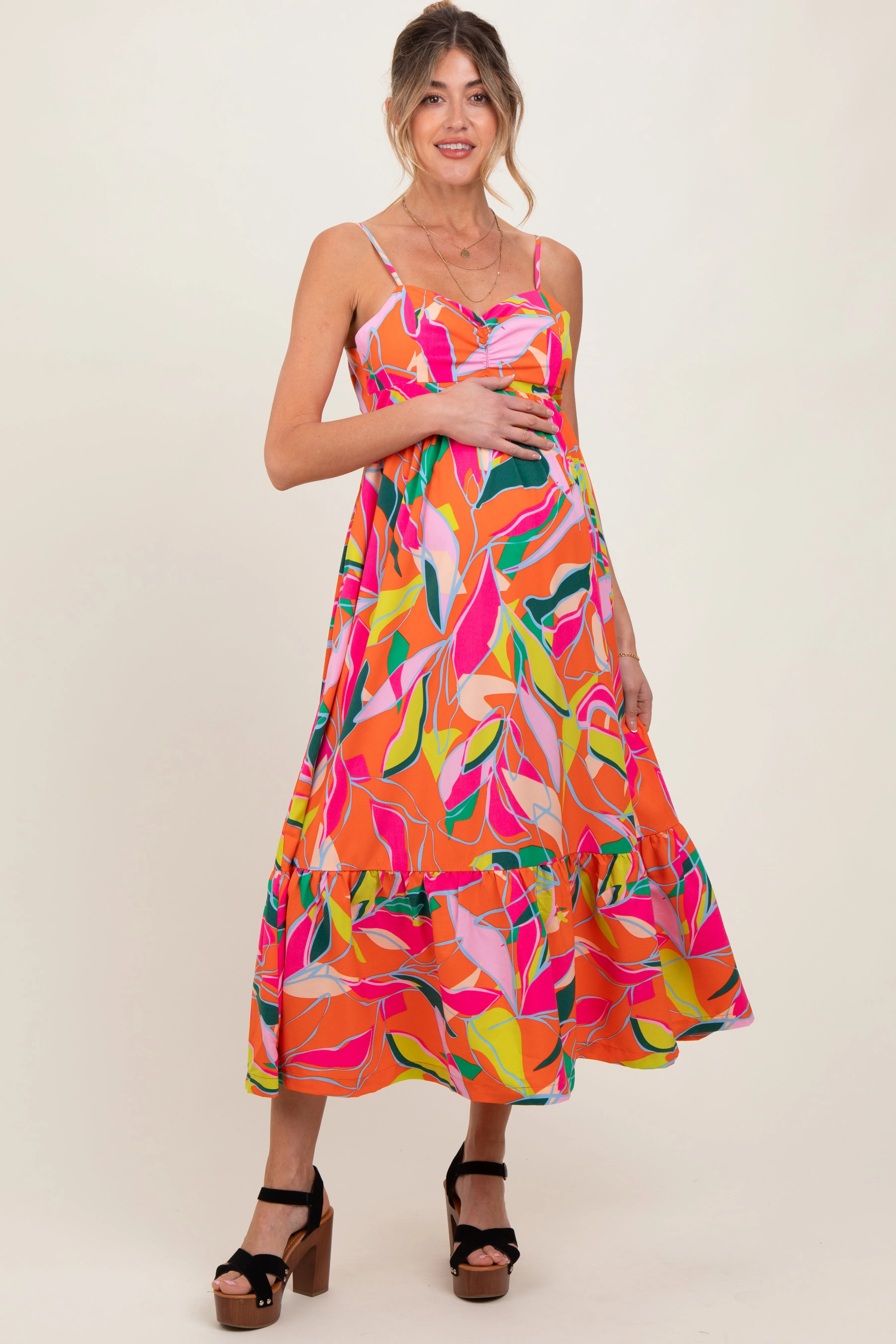Orange Leaf Print Tie Back Maternity Maxi Dress sold by Pinkblush