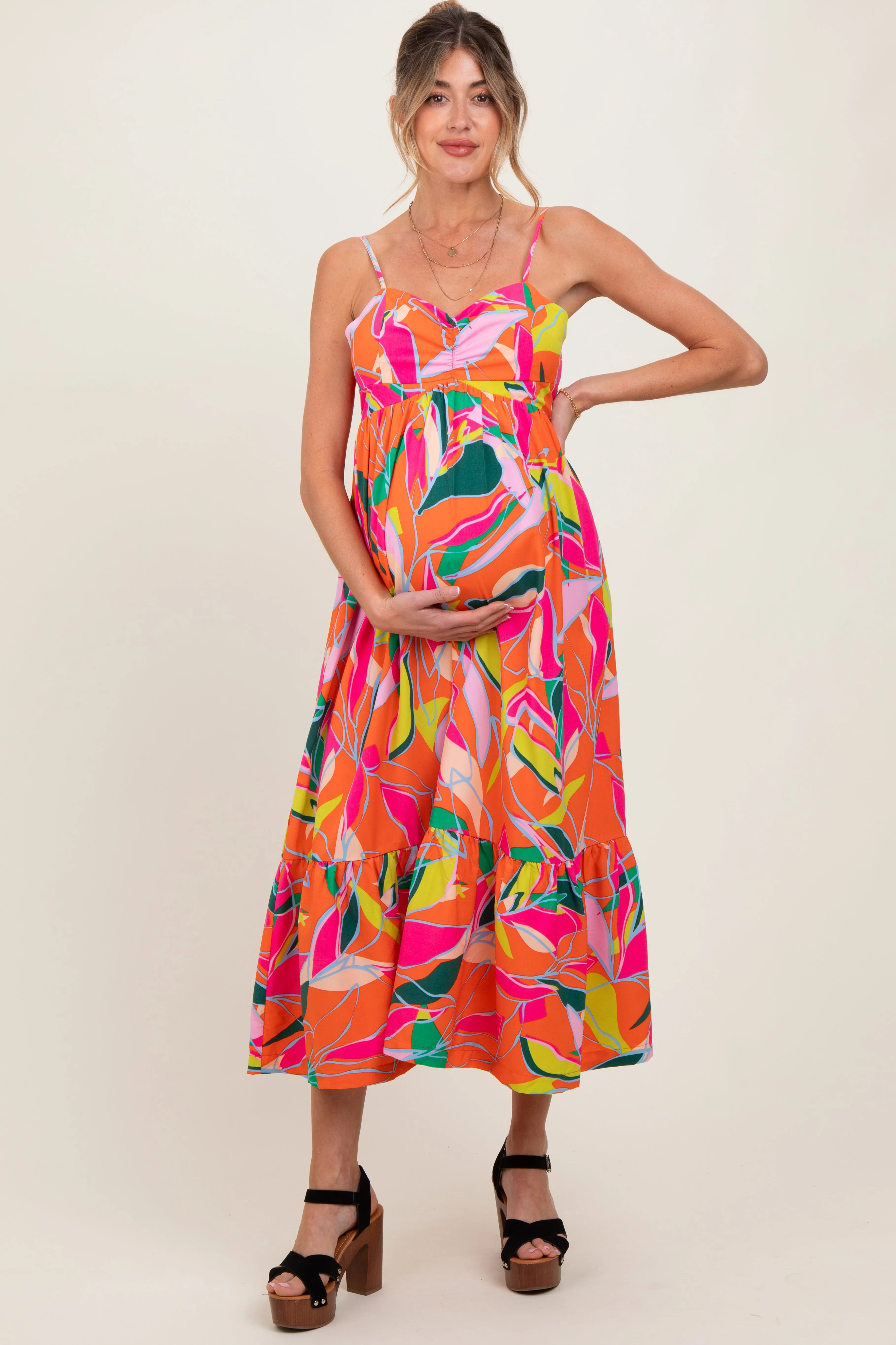 Orange Leaf Print Tie Back Maternity Maxi Dress sold by Pinkblush product image thumbnail 2