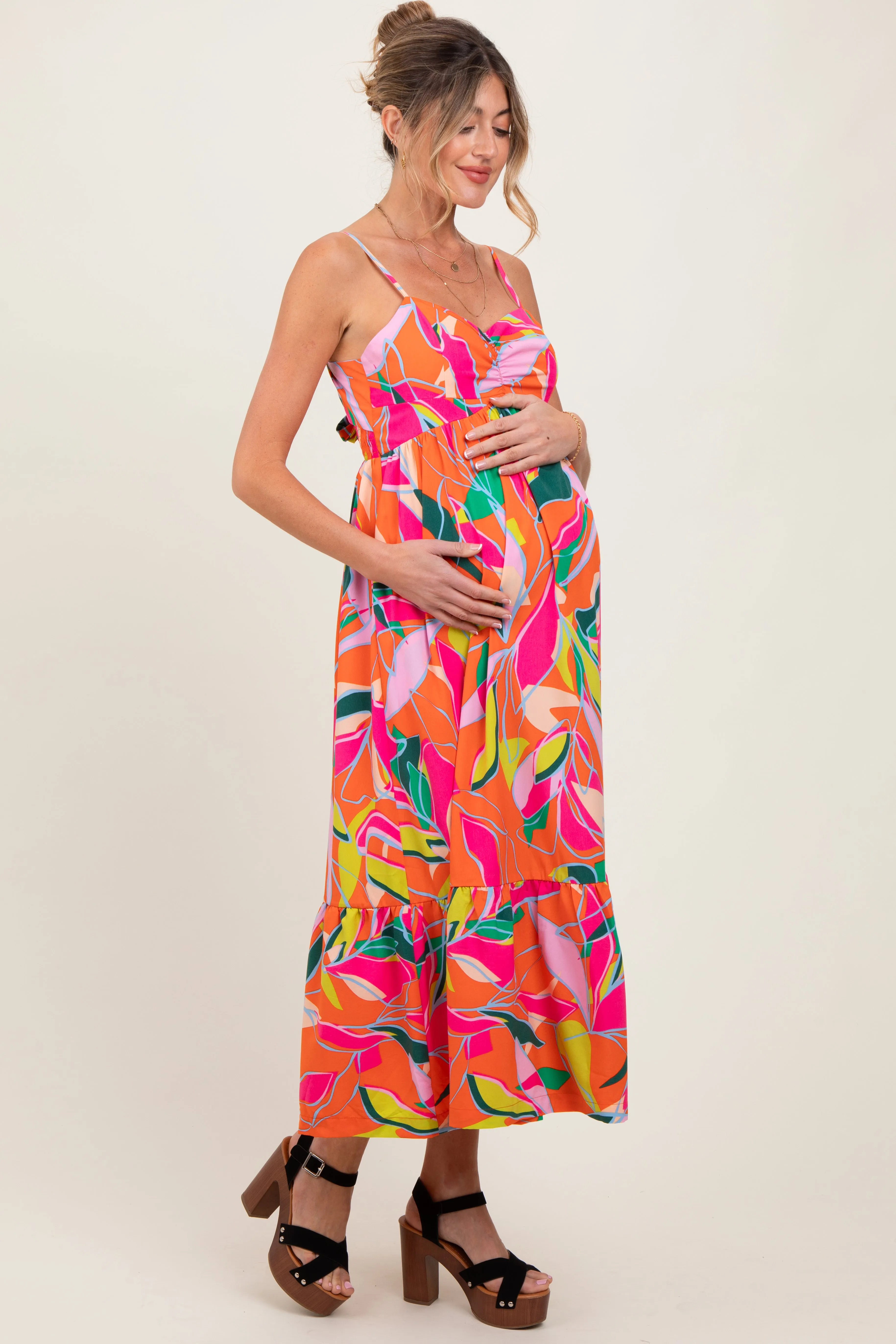 Orange Leaf Print Tie Back Maternity Maxi Dress sold by Pinkblush product image thumbnail 3