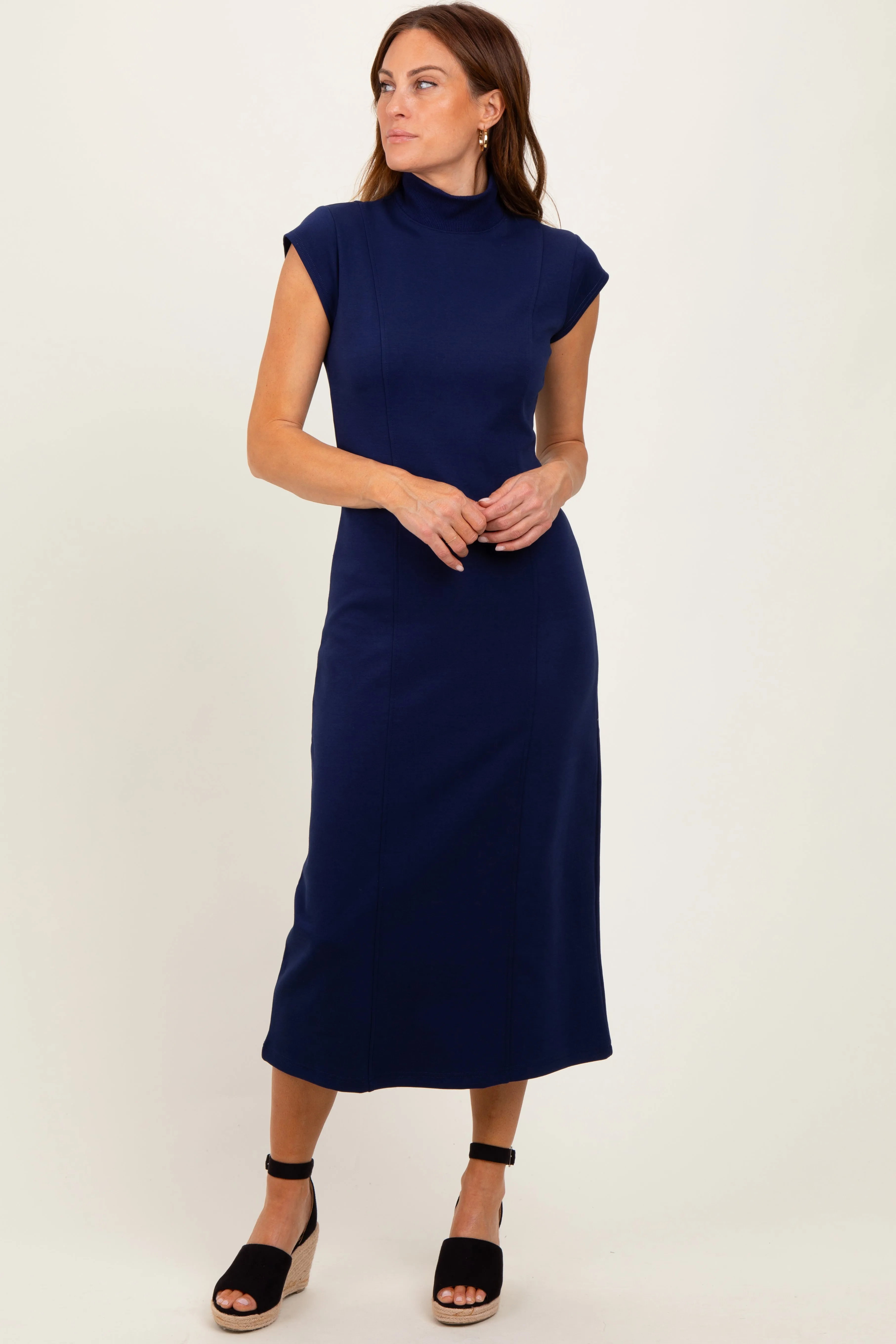 Navy Mock Neck Short Sleeve Maternity Midi Dress sold by Pinkblush product image thumbnail 4