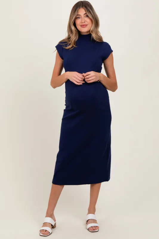 Navy Mock Neck Short Sleeve Maternity Midi Dress sold by Pinkblush