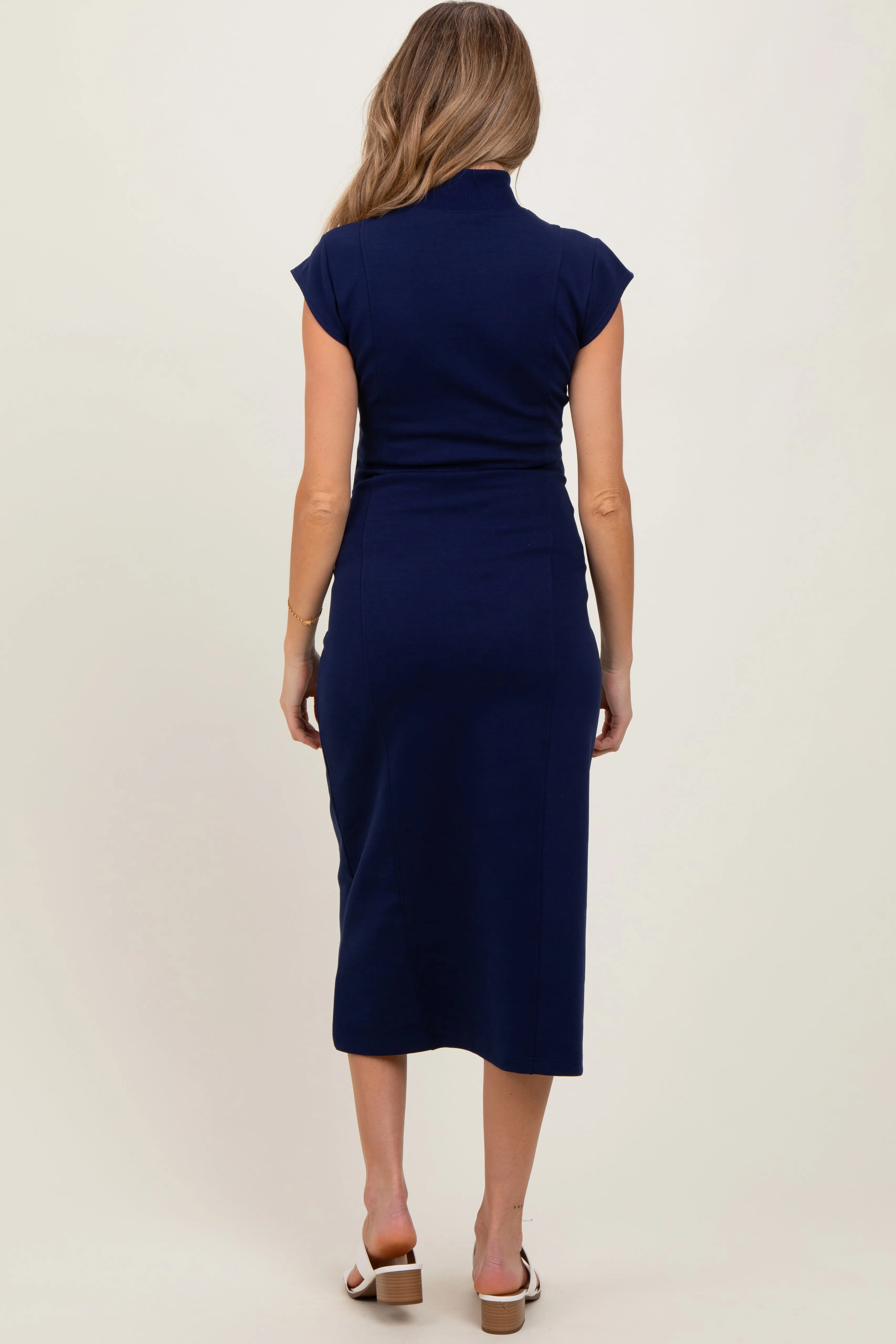 Navy Mock Neck Short Sleeve Maternity Midi Dress sold by Pinkblush product image thumbnail 3