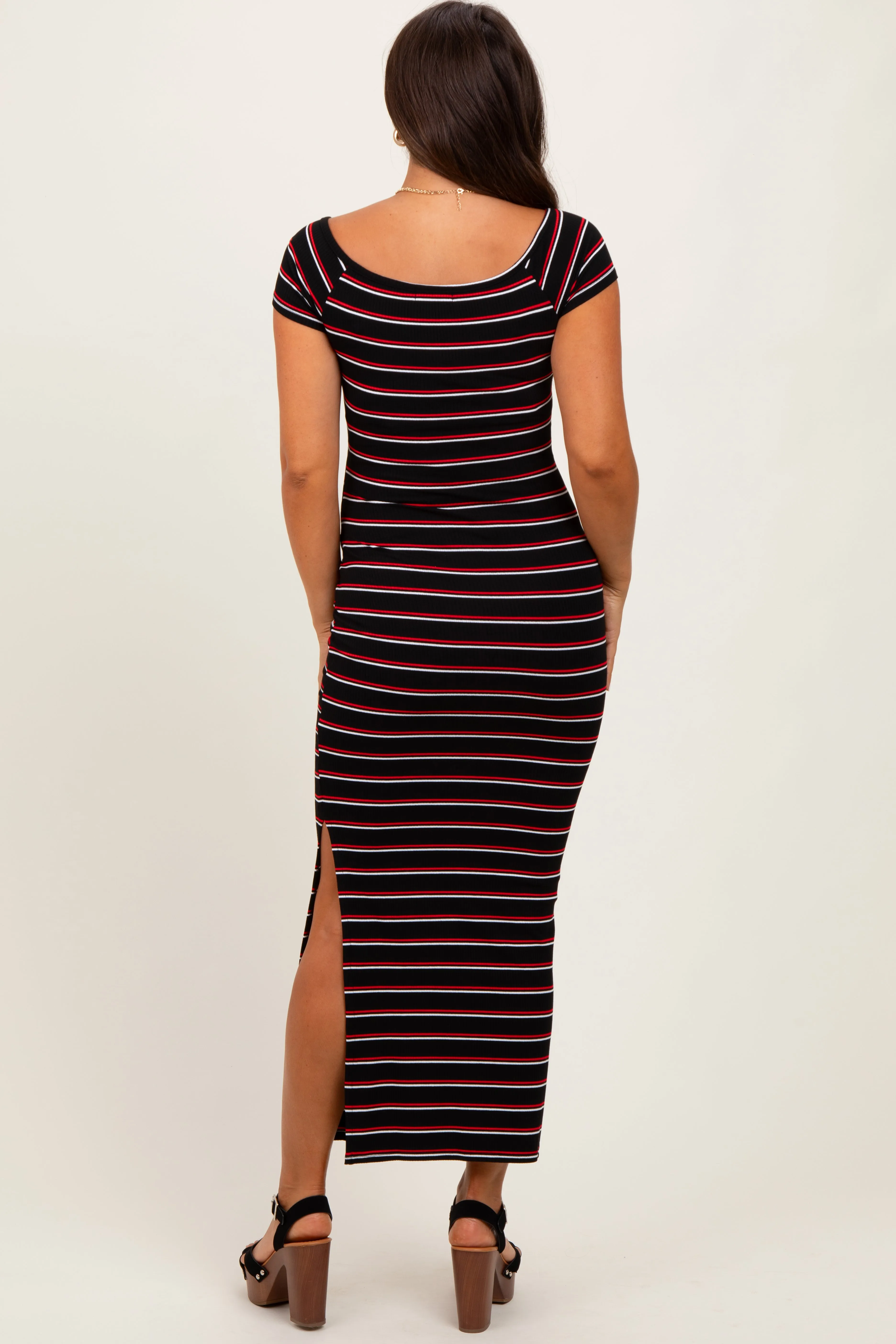 Black Striped Wide Neckline Side Slit Maternity Maxi Dress sold by Pinkblush product image thumbnail 4