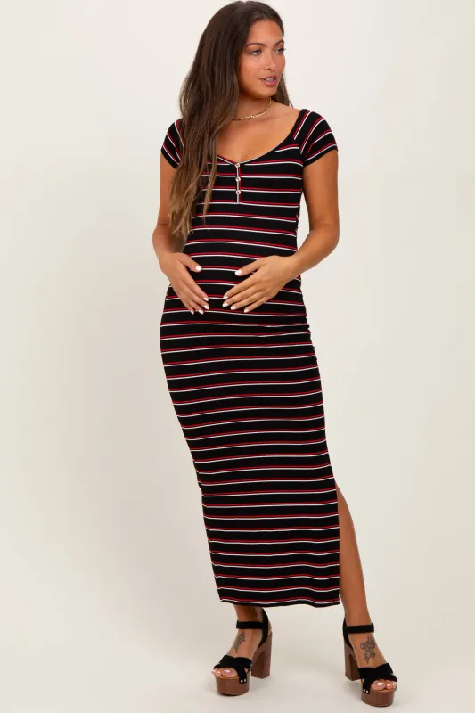 Black Striped Wide Neckline Side Slit Maternity Maxi Dress sold by Pinkblush