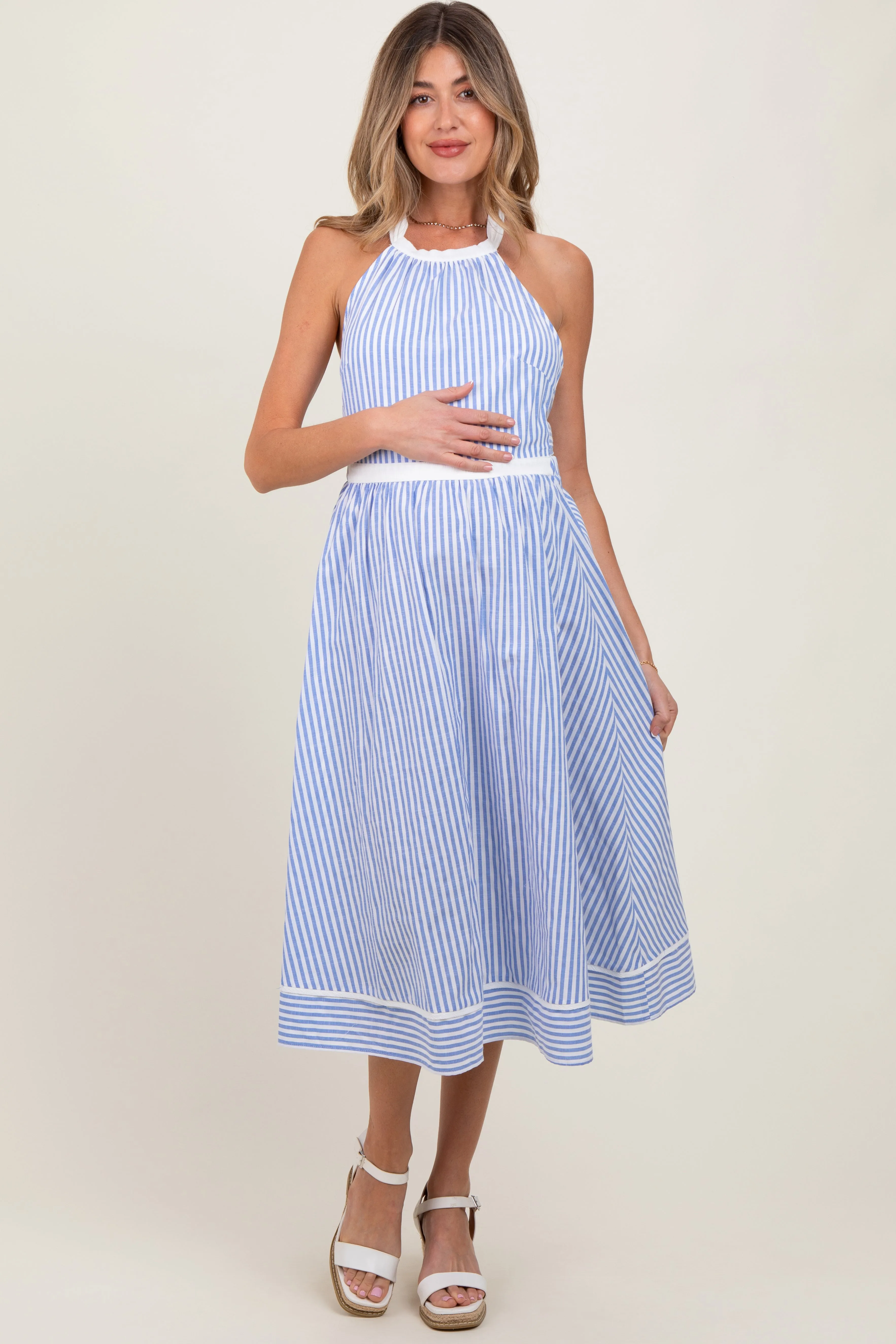 Blue Striped Halter Maternity Tie Back Cutout Maternity Midi Dress sold by Pinkblush