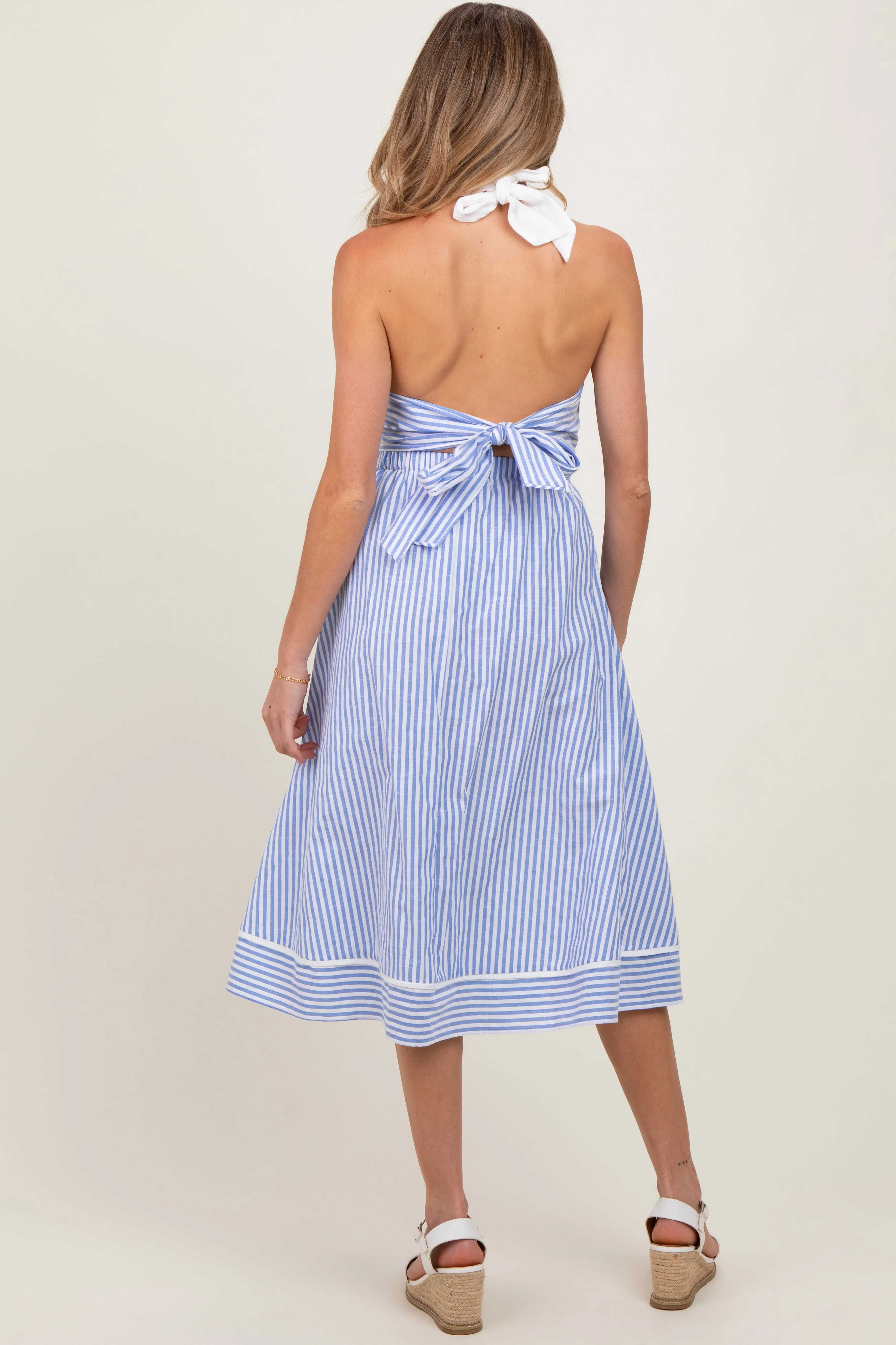 Blue Striped Halter Maternity Tie Back Cutout Maternity Midi Dress sold by Pinkblush product image thumbnail 3