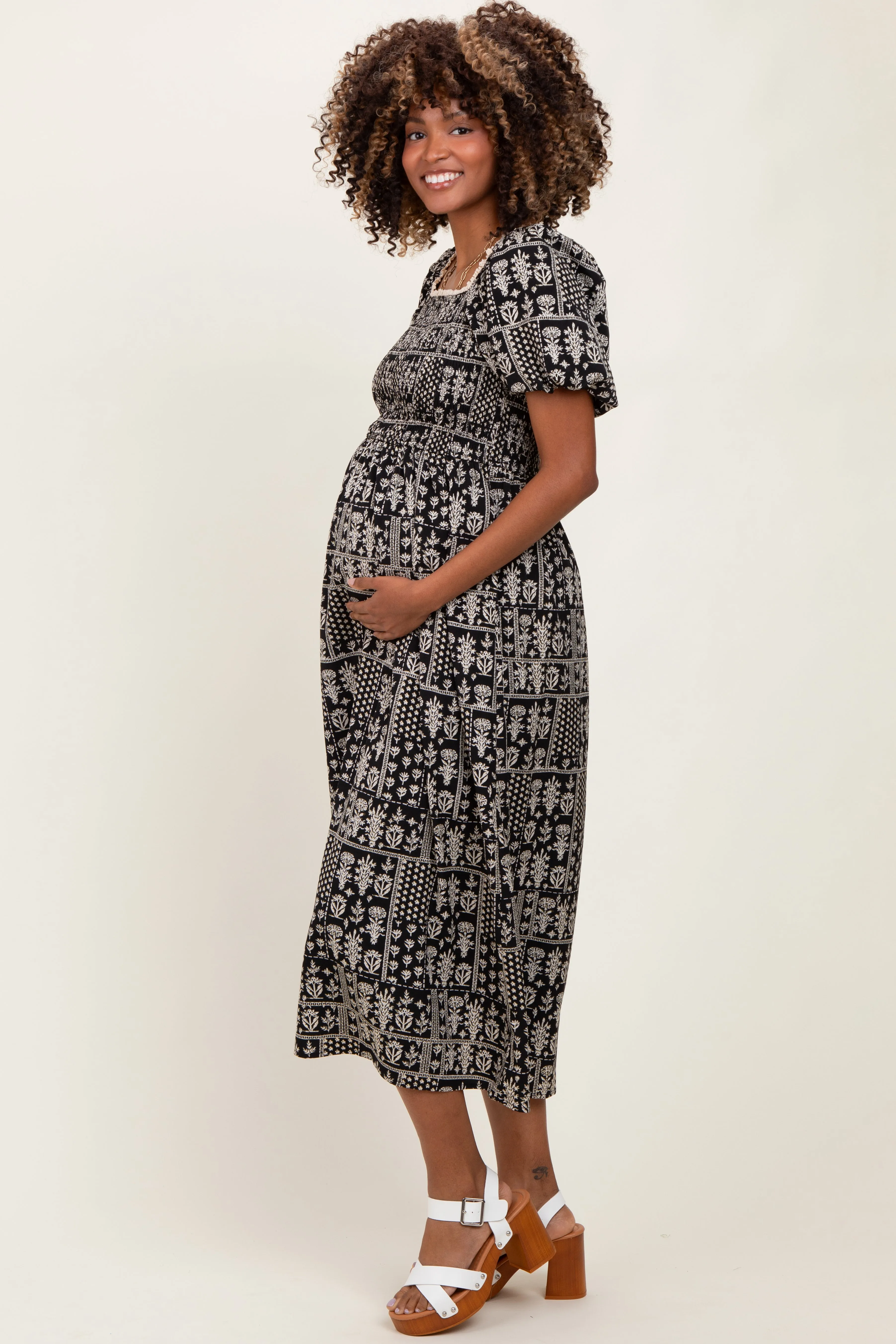 Black Patch Printed Smocked Maternity Midi Dress sold by Pinkblush product image thumbnail 4