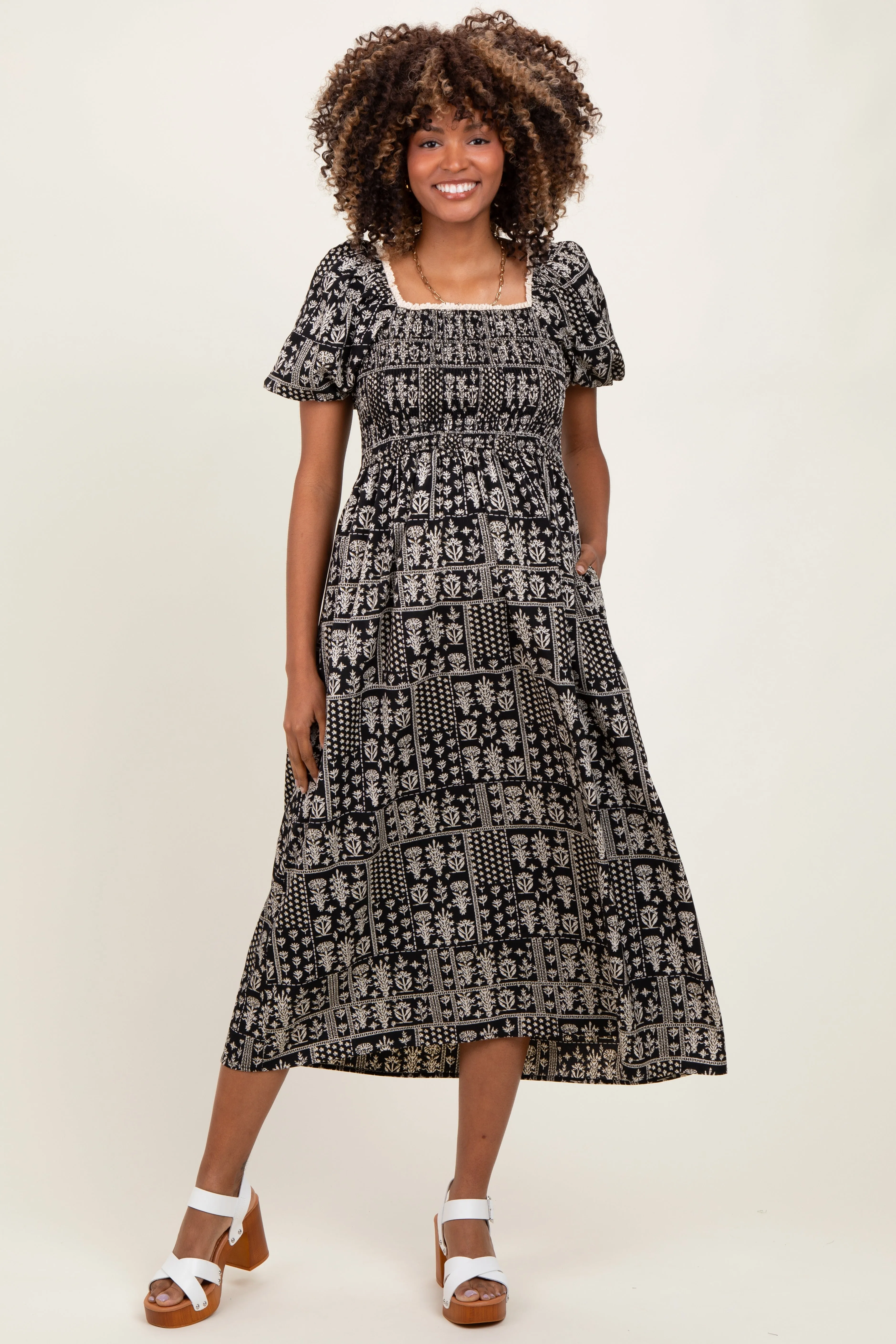 Black Patch Printed Smocked Maternity Midi Dress sold by Pinkblush
